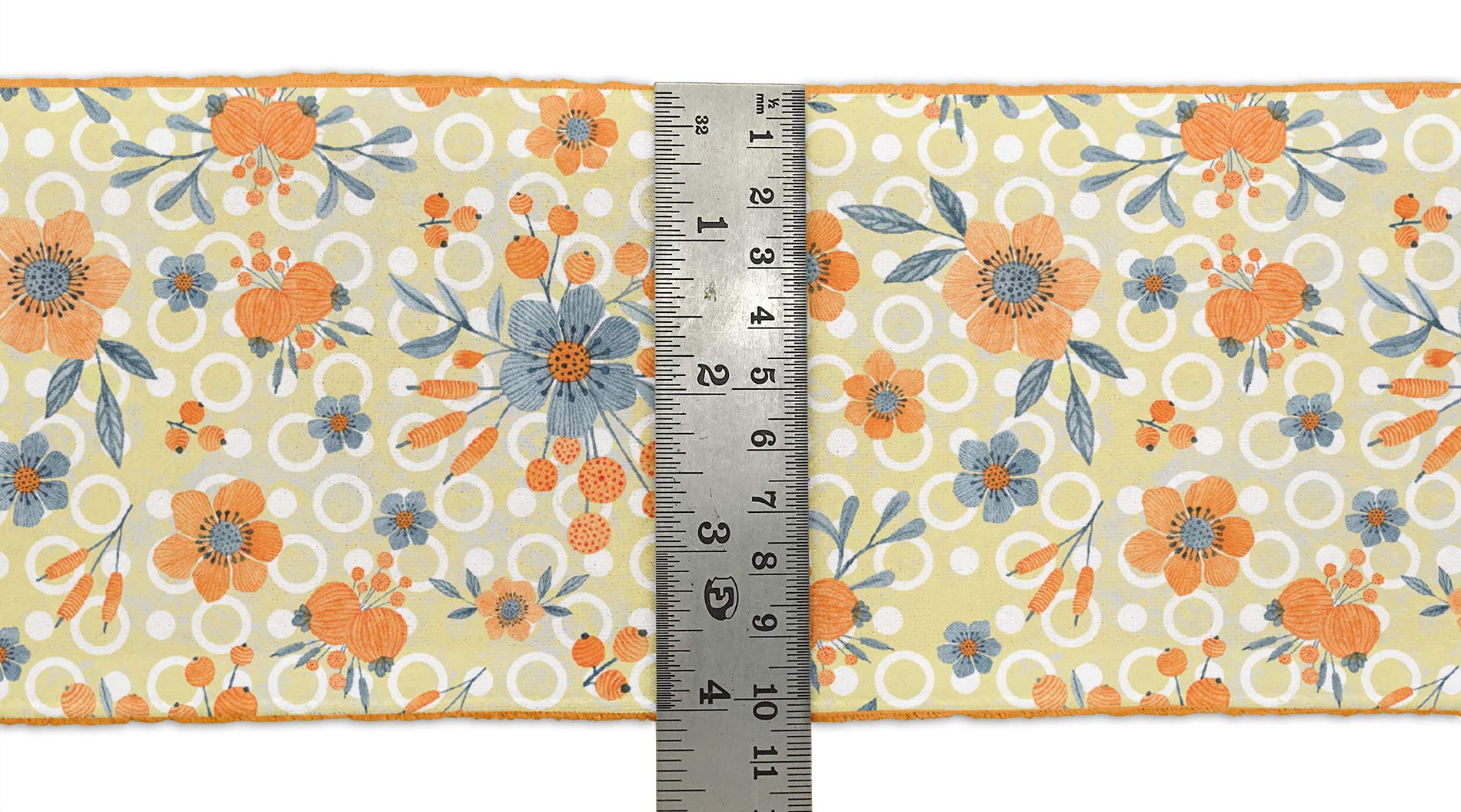 Orange Circle Berries & Primula Stripe Floral Printed Velvet Ribbon Trim - 9 Yards x 4 Inches Wide - Premium Craft Lace for Sewing, DIY Projects, Gift Wrapping, Hair Bows and Home Decor Accessories