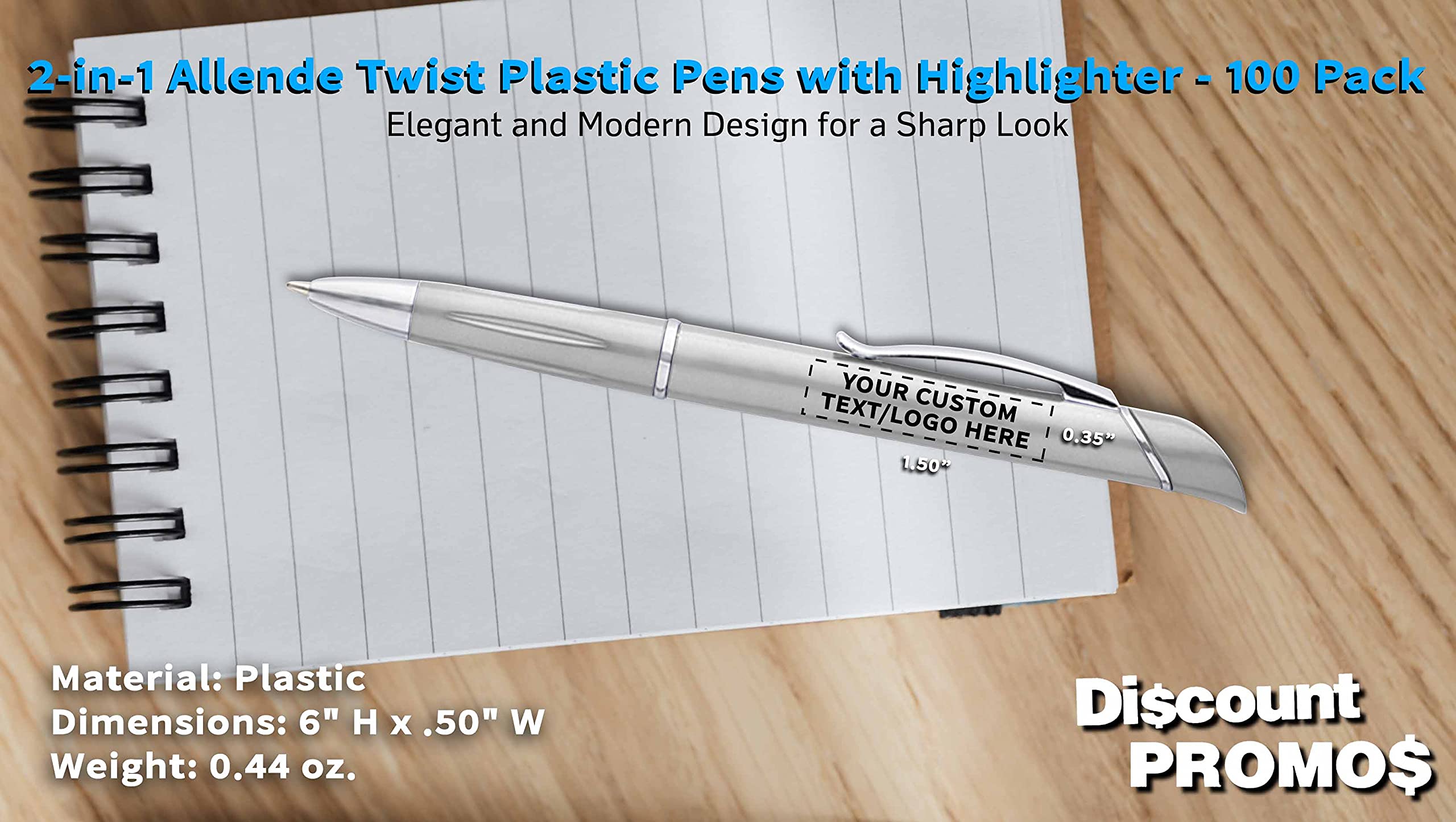 100 Pack Allende Twist Plastic Pens with Highlighter - Custom Text & Logo Printing - Durable Black Ink Ballpoint Pens for Office, School & Business Promotions - Bulk Promotional Pens for Corporate Gifts & Events