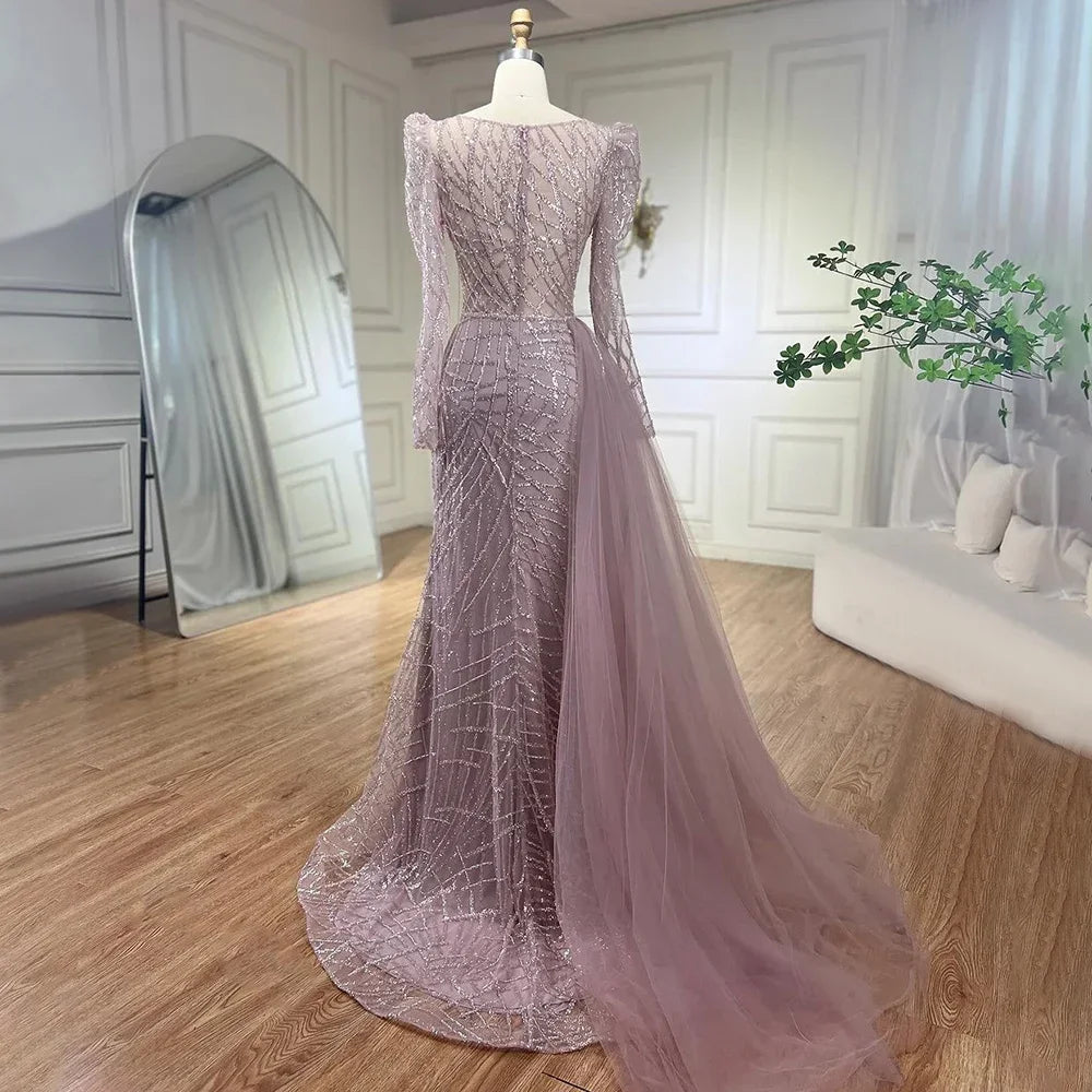 Luxury Muslim Gold Mermaid Evening Dress with Beaded Details & Overskirt - Dubai Style Formal Gown for Women 2025 (LA72206) | Perfect for Weddings, Galas & Special Occasions