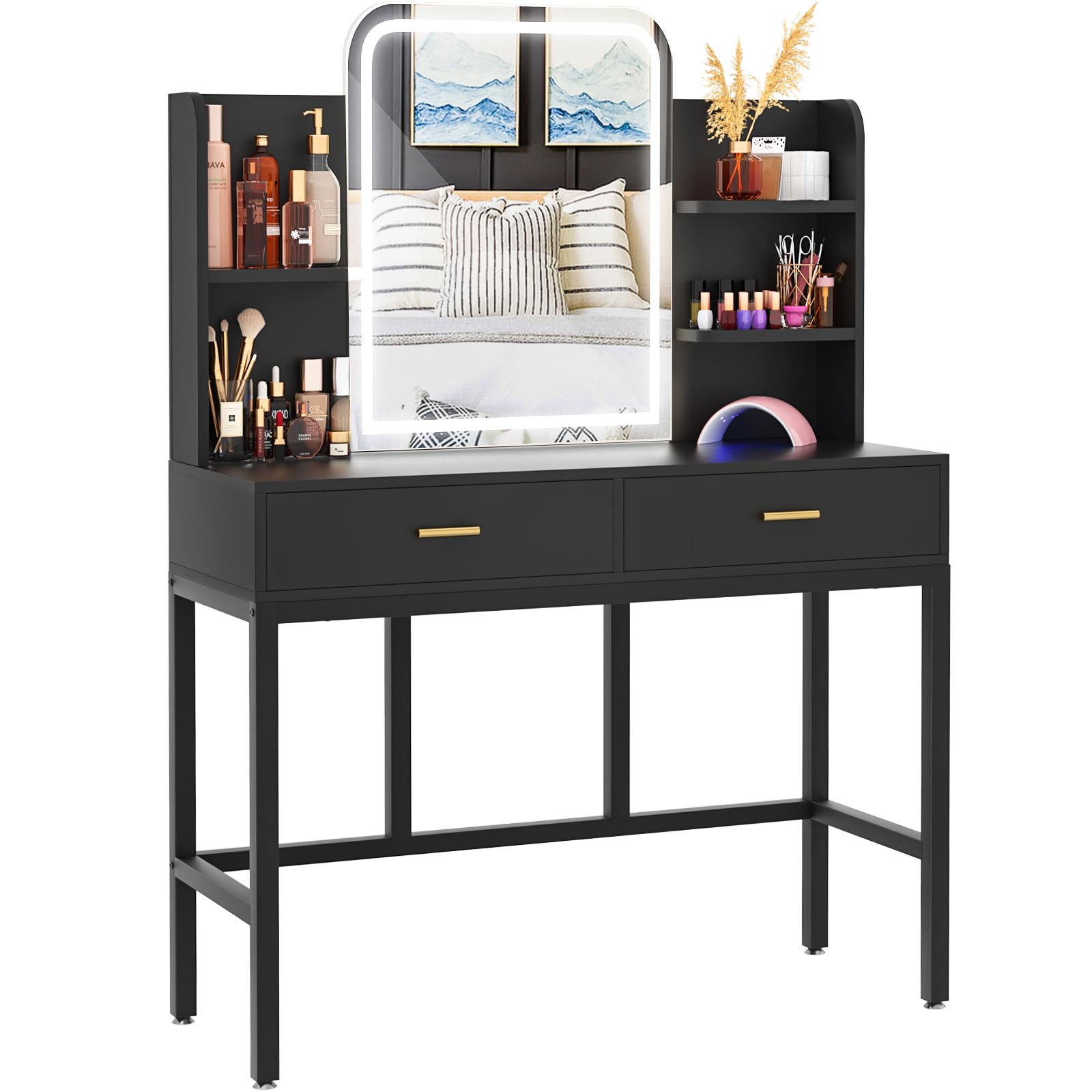 Armocity Vanity Desk with LED Lights & Mirror - Modern Makeup Dressing Table with 2 Storage Drawers & Shelf - 3 Color Lighting Options - Black Bedroom Vanity Set for Women & Teens (Perfect for Makeup Application, Skincare Routine & Home Decor)