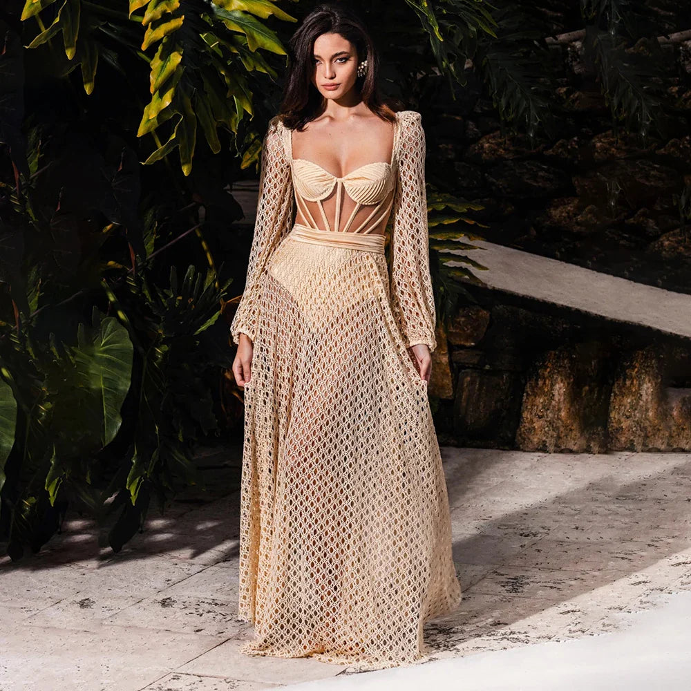 2023 New Retro Hollowed Out Backless Sexy Swimsuit - Long Sleeve Knitted Beach Dress for Women, Luxury Solid Color Swimwear, Perfect for Pool Party, Beach Vacation & Summer Fashion