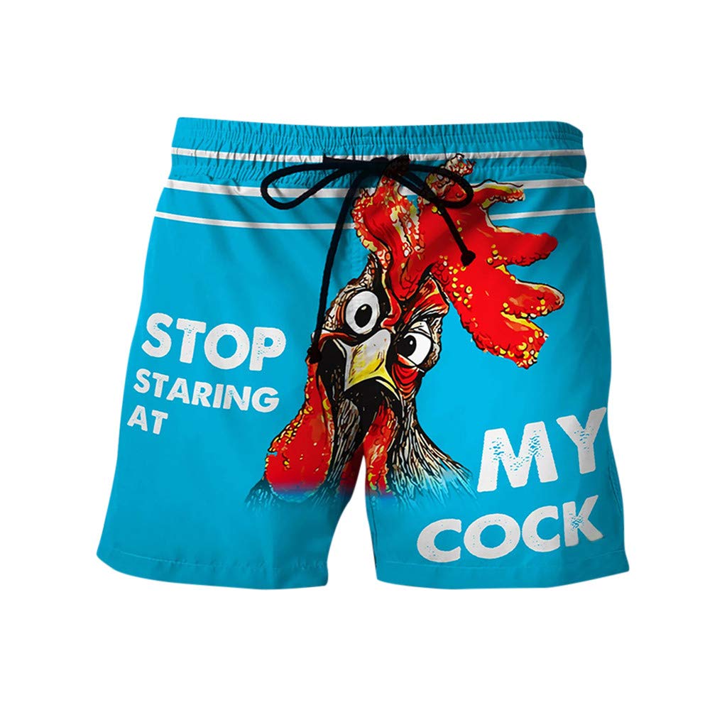 Funny Cock Print Beach Shorts for Men - Casual Drawstring Swim Trunks with Quick Dry Fabric - Perfect for Pool Party, Summer Vacation & Festival Wear - Blue