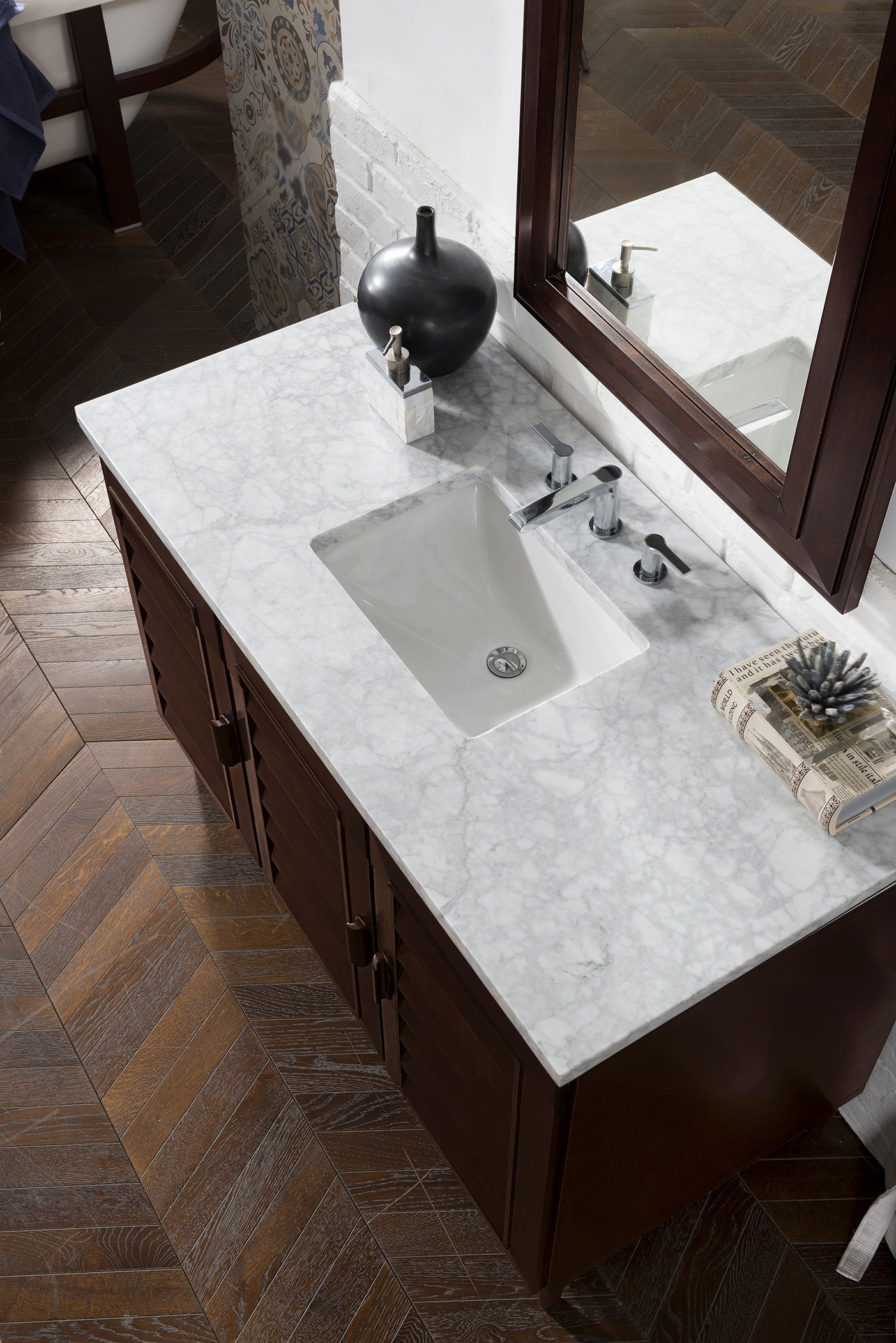Portland 48 Inch Single Bathroom Vanity with Burnished Mahogany Finish & 3CM Carrara Marble Top - Perfect for Modern Master Bathroom or Guest Bathroom Renovation