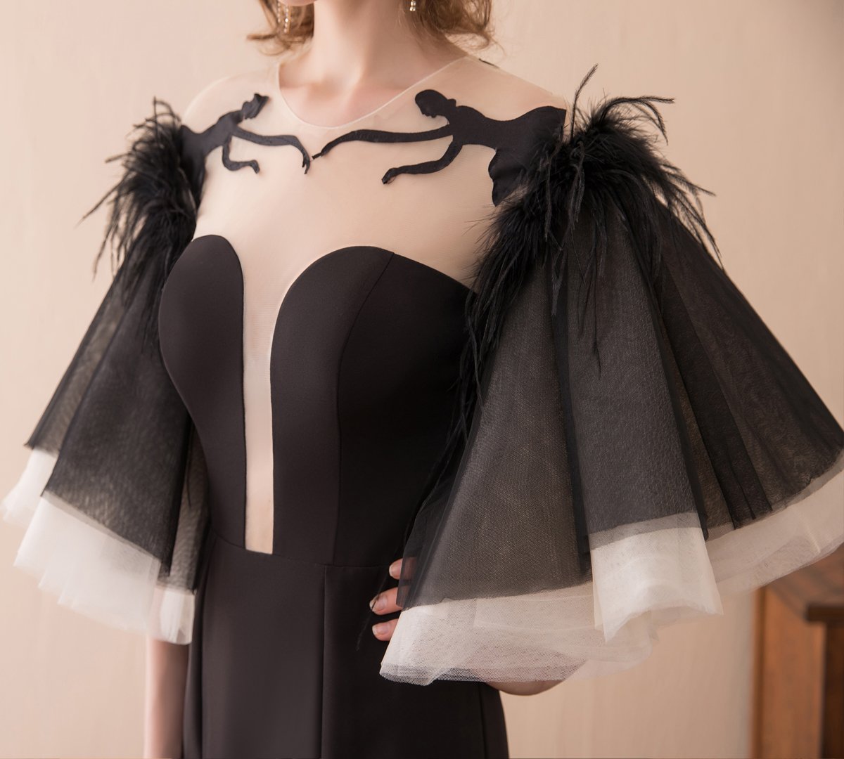 Elegant Black Mermaid Prom Dress with Fluffy Feather Sleeves - Women's Formal Evening Gown Size US14 | Perfect for Homecoming, Pageants & Special Occasions