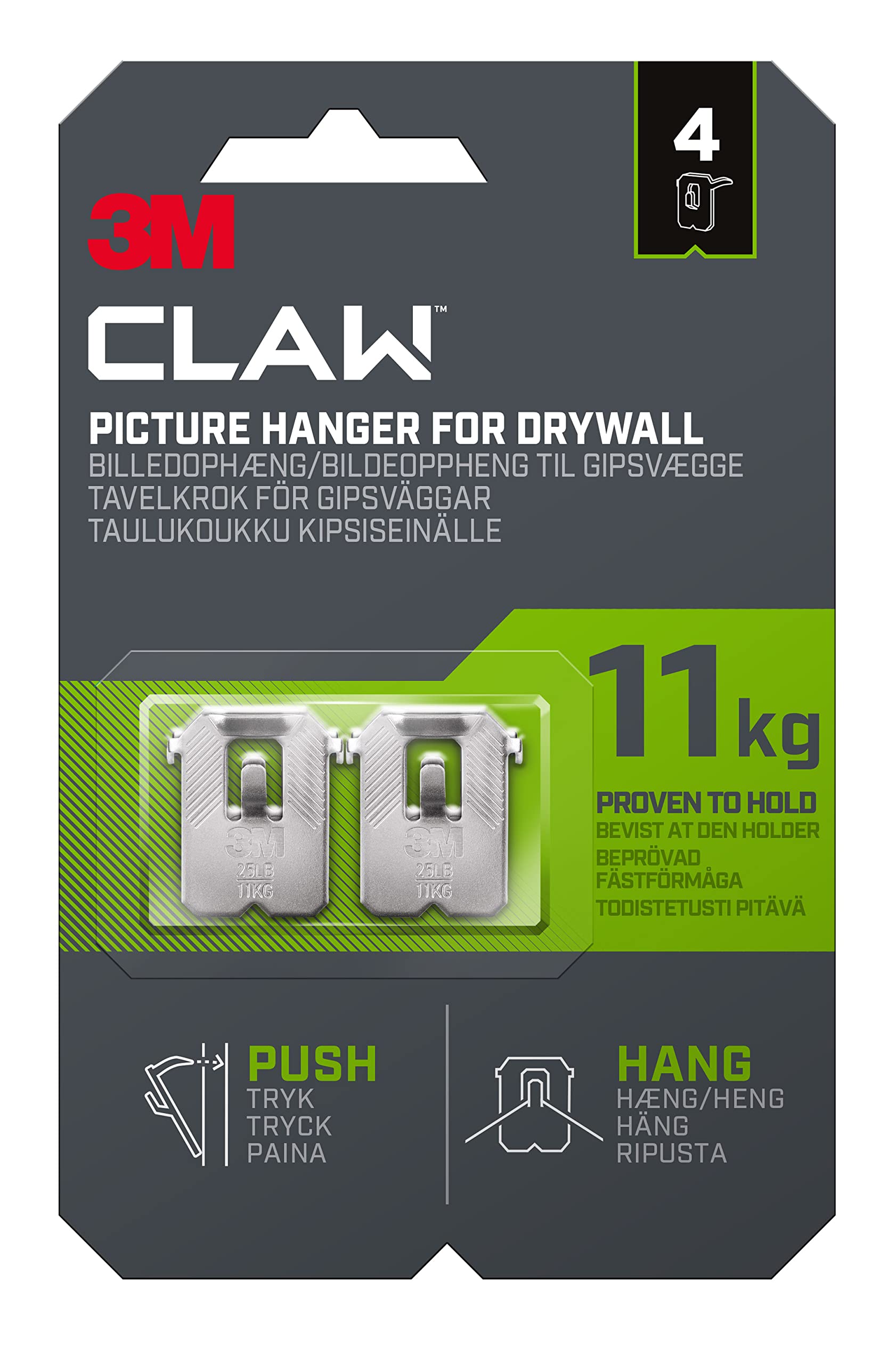 3M Claw Drywall Picture Hangers - Heavy Duty Wall Hooks for Home Décor, 4 Pack, Supports up to 11kg (24lbs) - Perfect for Hanging Frames, Mirrors, Clocks & Shelves in Living Room, Bedroom or Office