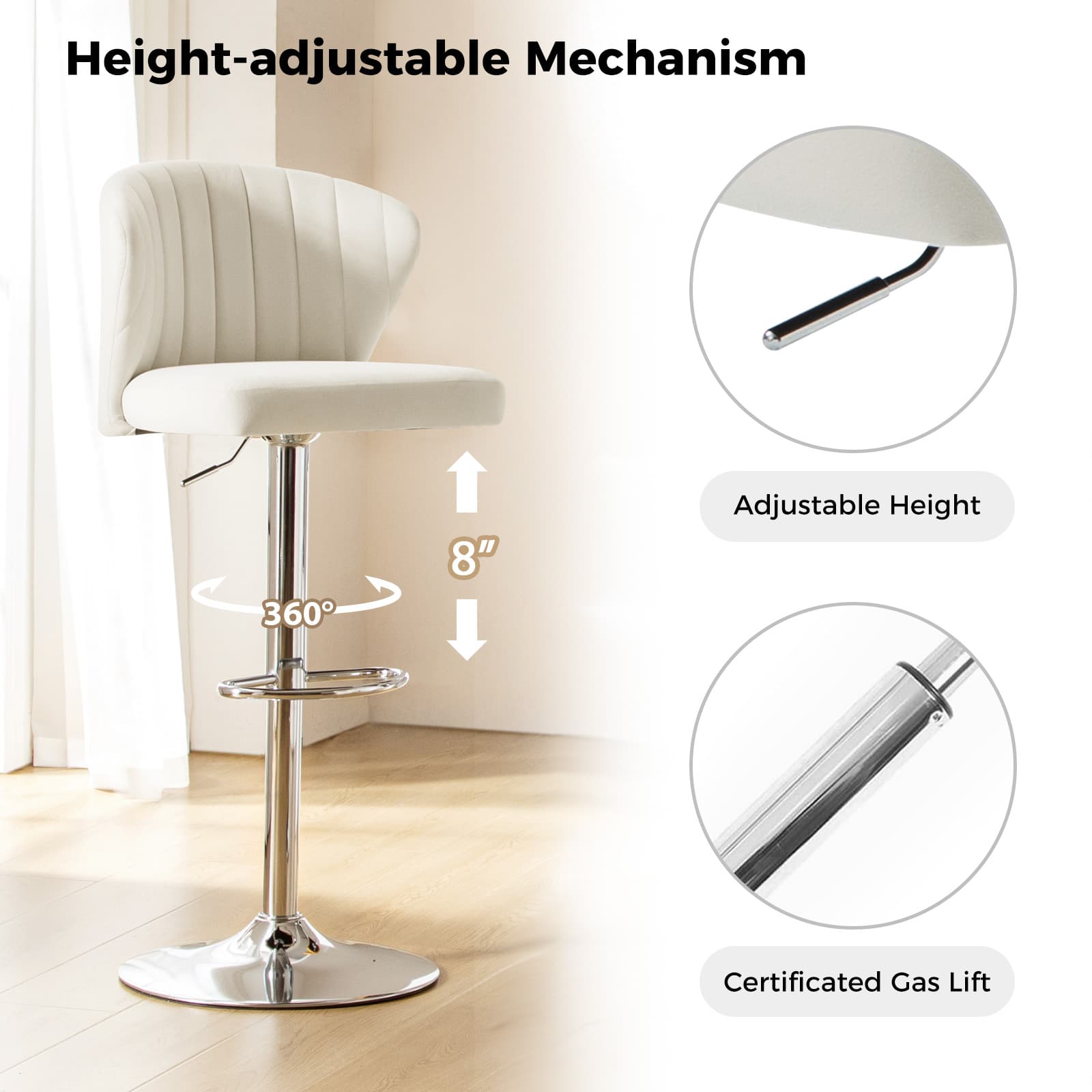 Geoff Modern Adjustable Swivel Bar Stool - Height Adjustable Kitchen Island Stool with 360° Rotation for Home, Office & Cafe Use