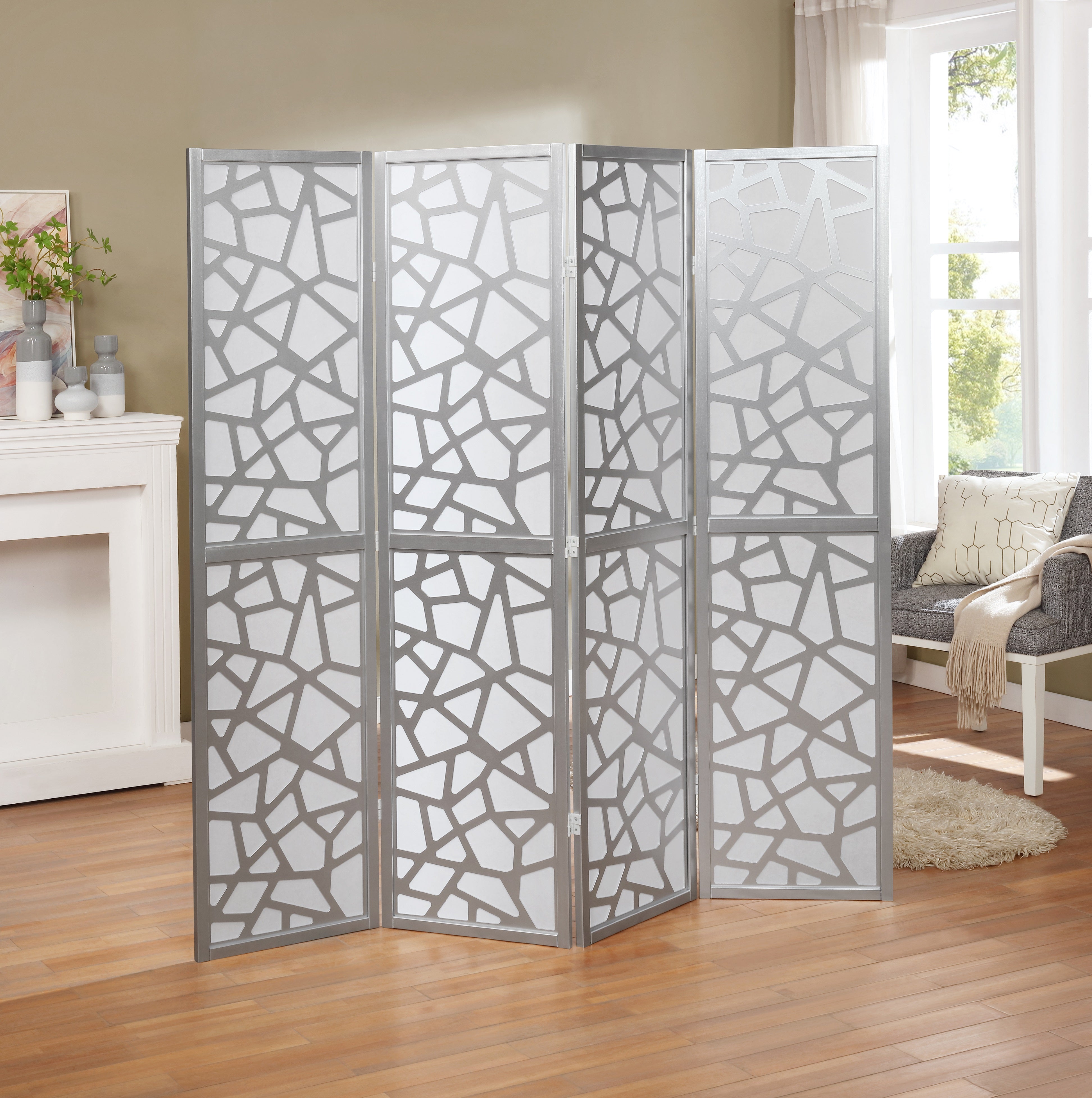 Roundhill Furniture Giyano 4-Panel Folding Room Divider - Silver Privacy Screen for Home, Office, or Studio - Perfect for Space Separation & Decoration
