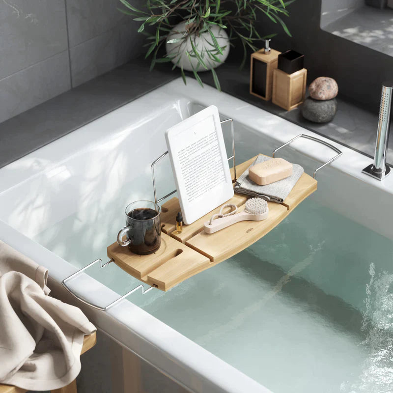 Aquala Bathtub Caddy Tray - Bamboo Bathtub Tray with Wine Glass Holder & Book Stand - Perfect for Relaxing Bath Time with Book, Wine, and Spa Essentials
