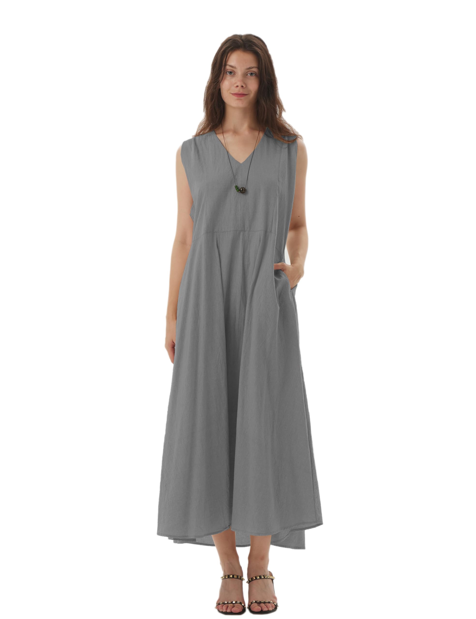Women's Sleeveless V-Neck Linen Summer Dress - Minimalist Casual Solid Color Maxi Dress (XL, Gray) | Perfect for Beach Vacation, Brunch Dates & Summer Outings