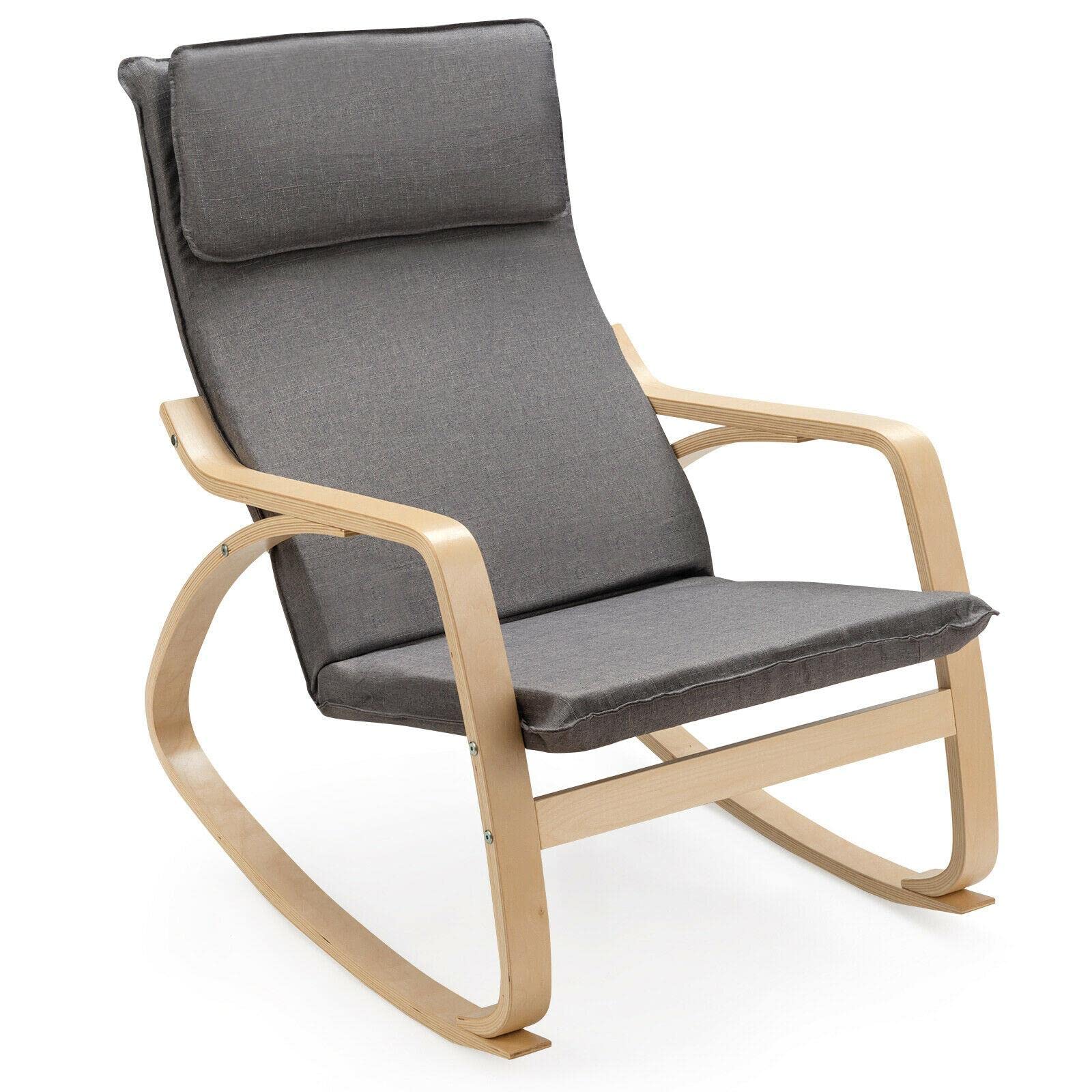Modern Bentwood Rocking Chair - Gray Fabric Upholstered Lounge Rocker with Ergonomic Design for Living Room, Nursery, or Patio Relaxation | Comfortable Recliner for Reading, Nursing & Camping