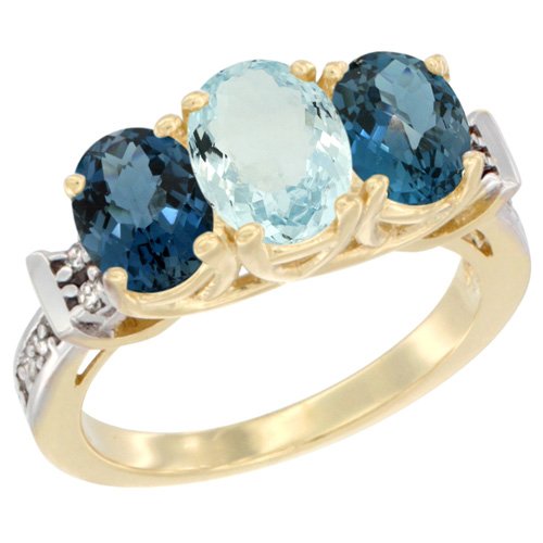 10K Yellow Gold Natural Aquamarine & London Blue Topaz Ring with Oval Diamond Accents (Sizes 5-10) | Elegant Three-Stone Engagement Ring for Women, Perfect for Weddings, Anniversaries & Special Occasions