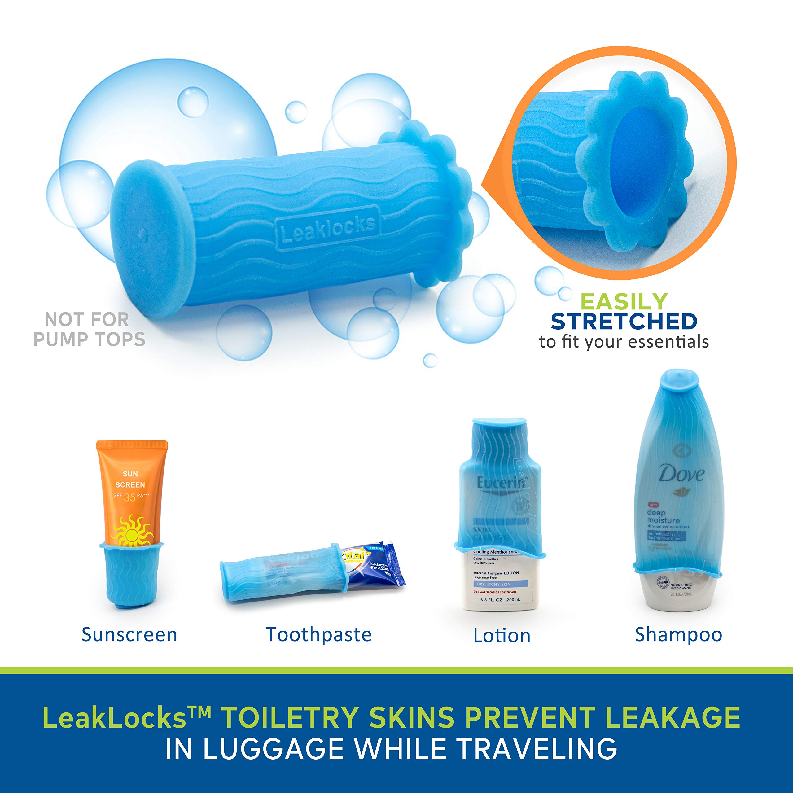 LeakLocks® Toiletry Skins™ Elastic Sleeve - Leak Proof Travel Container Cover for Standard & Travel Size Toiletries | Reusable Luggage Accessory for Suitcase, Carry-on & Travel Bags | Perfect for Airplane Trips, Camping & Business Travel