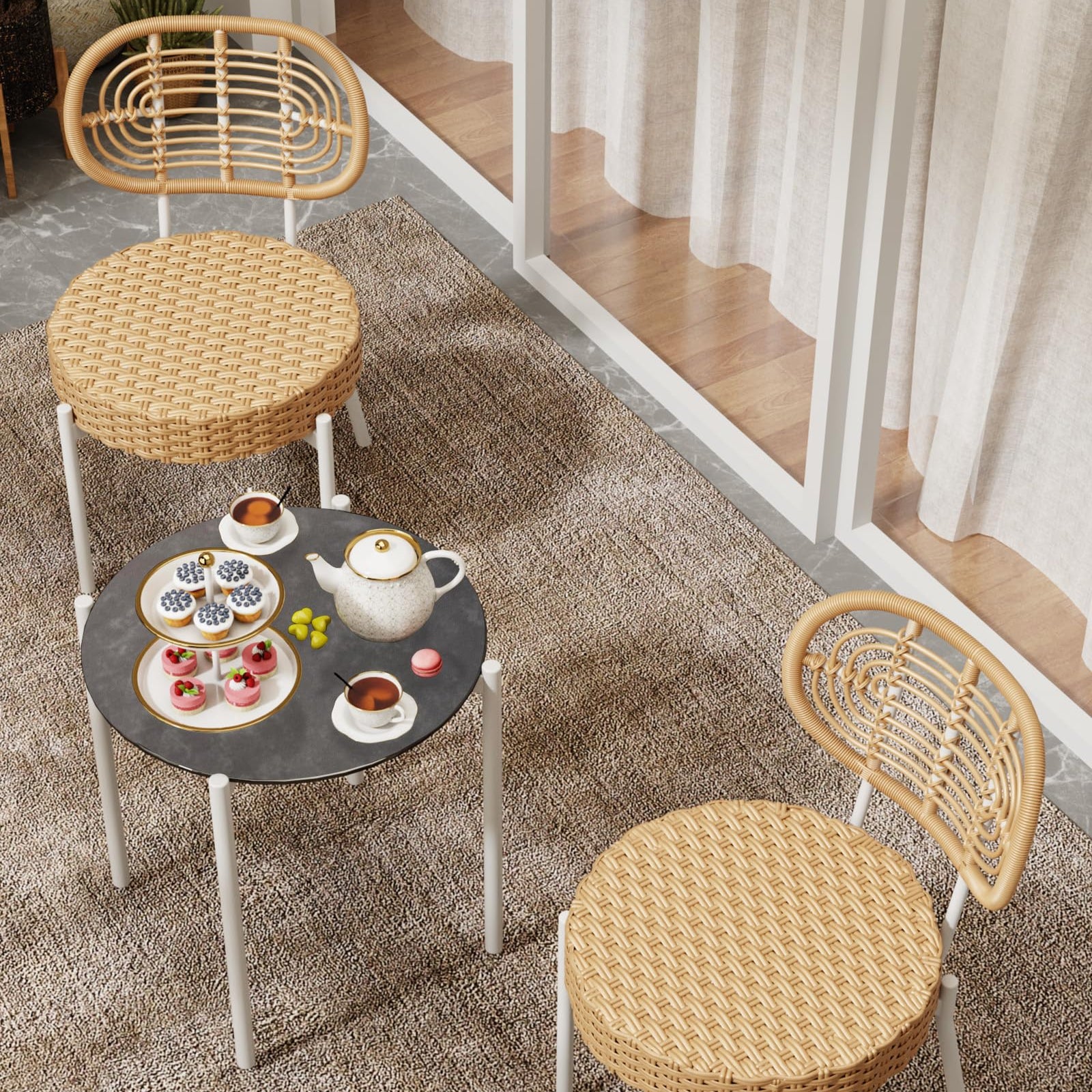 GARVEE 3-Piece Patio Bistro Set - Outdoor Wicker Chairs with Glass Table - Rattan Furniture for Patio, Deck, Backyard, Garden - White & Brown - Perfect for Small Spaces & Outdoor Dining