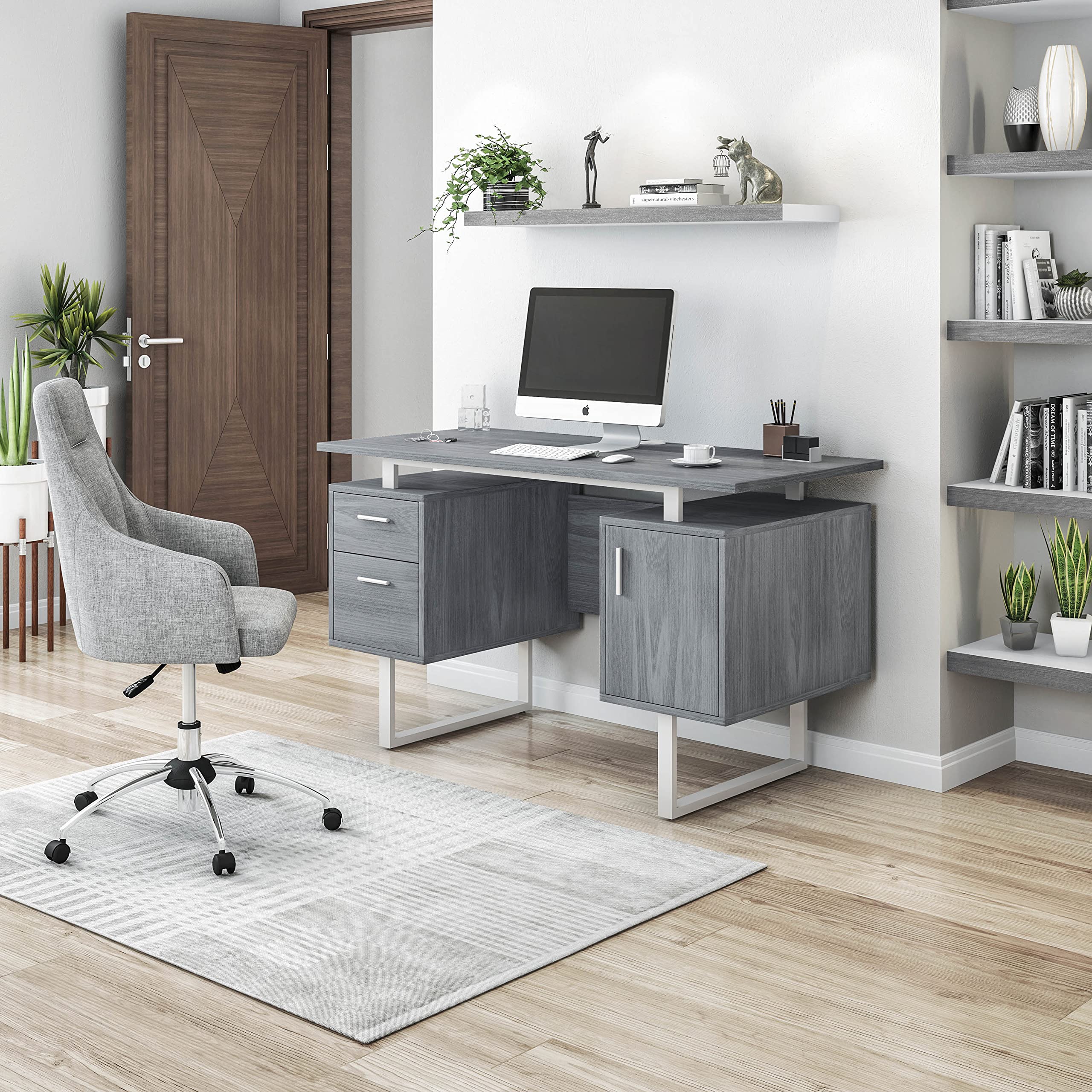 Modern Office Desk with Storage - Techni Mobili Gray Computer Desk for Home & Office Workspace, Study Writing Table with Drawers & Shelves for Small Spaces