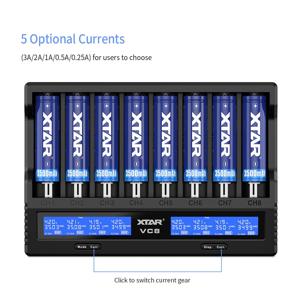 XTAR VC8 8-Bay USB C Battery Charger - 3A Fast Charging, LCD Display for 3.6V/3.7V Li-ion & 1.2V Ni-MH Batteries (Batteries Not Included) | Perfect for Vaping, Flashlights, and Electronic Devices