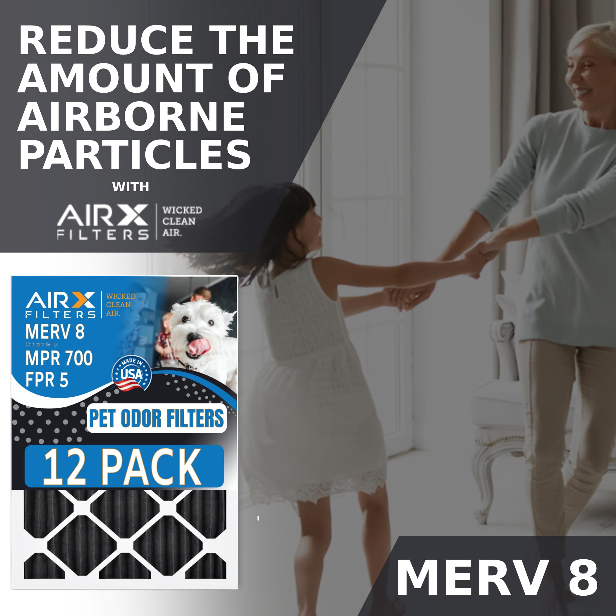 20x20x1 MERV 8 Air Filter - 12 Pack Furnace Filters (MPR 700, FPR 5 Rated) | Pet Hair & Odor Reduction | Made in USA by AIRX FILTERS | Perfect for HVAC Systems, Homes with Pets & Allergies