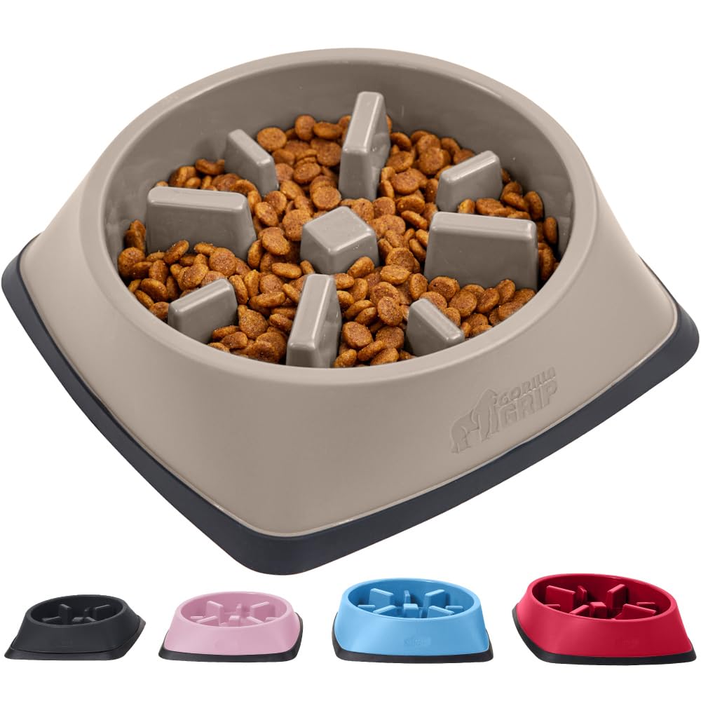GORILLA GRIP Slow Feeder Dog Bowl - Interactive Puzzle Toy for Dogs & Cats - Prevents Overeating & Keeps Pets Busy - BPA Free Pet Food Training Dish - 1 Cup Capacity Beige - Perfect for Mealtime Enrichment & Puppy Training