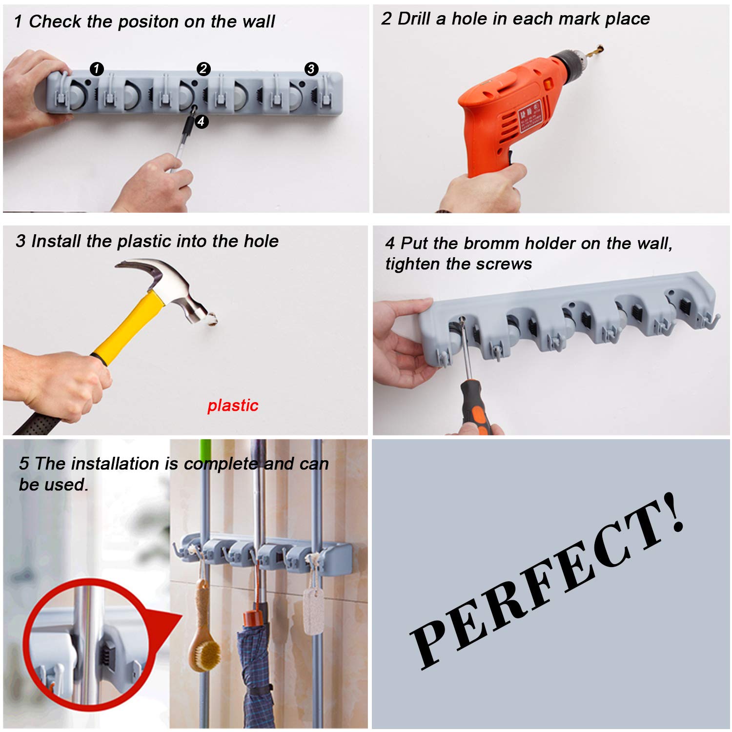 HYRIXDIRECT Heavy Duty Wall Mount Broom & Mop Holder with Hooks - Garage, Laundry Room & Garden Tool Organizer Rack for Space Saving Storage | Perfect for Home, Kitchen, Bathroom & Workshop Organization