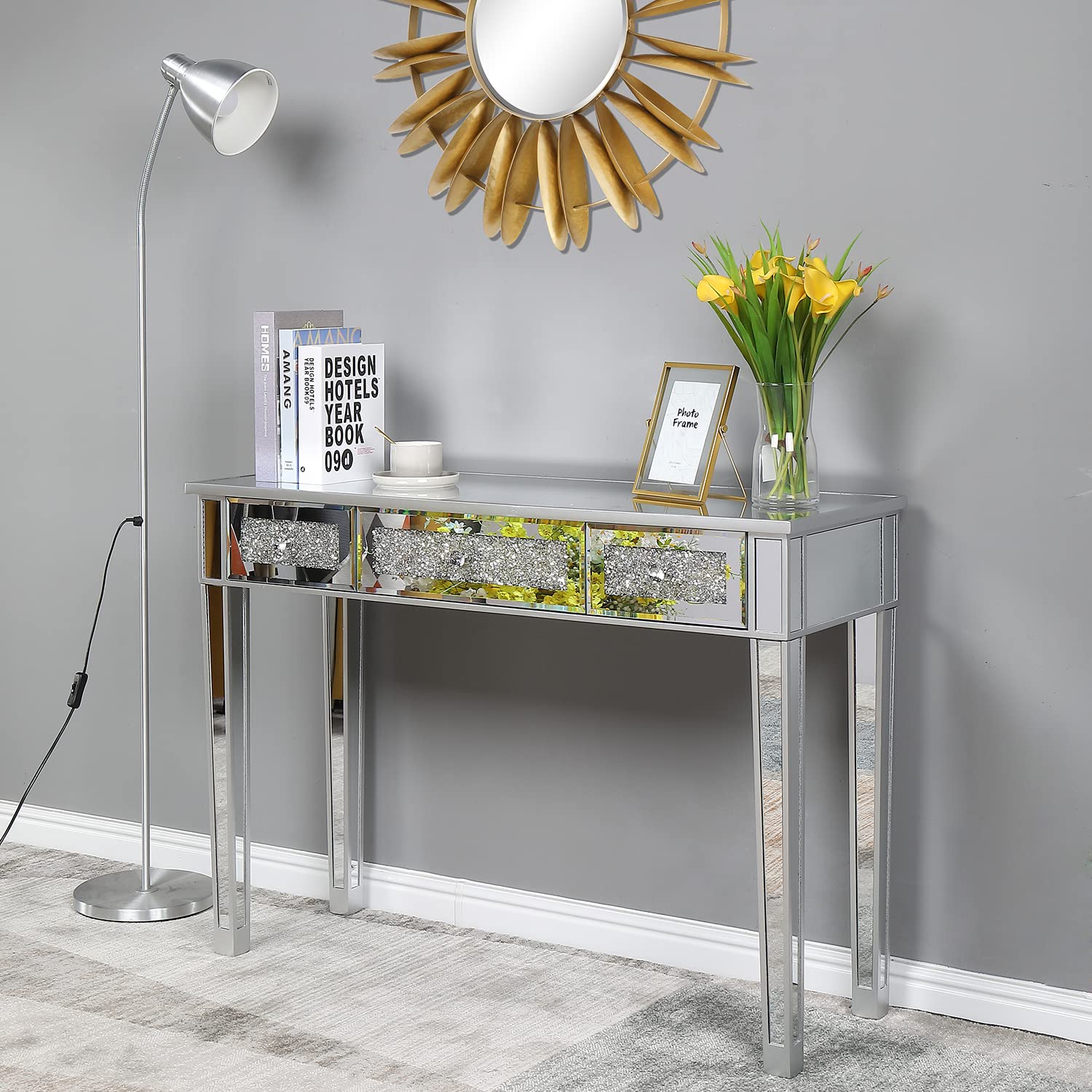 Modern Mirrored Console Table with 3 Drawers - Vanity Dressing Table, Sofa Side Table & Entryway Desk for Home Office, Bedroom & Hallway - Perfect for Makeup, Storage & Living Room Decor