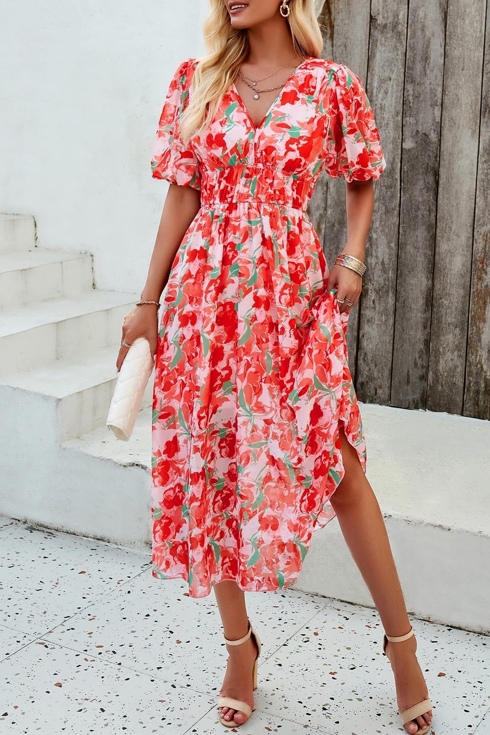 Floral Wrap V-Neck Midi Dress for Women - Short Sleeve Elastic Waist Flowy Summer Dress | Perfect for Beach Vacations, Garden Parties & Casual Outings
