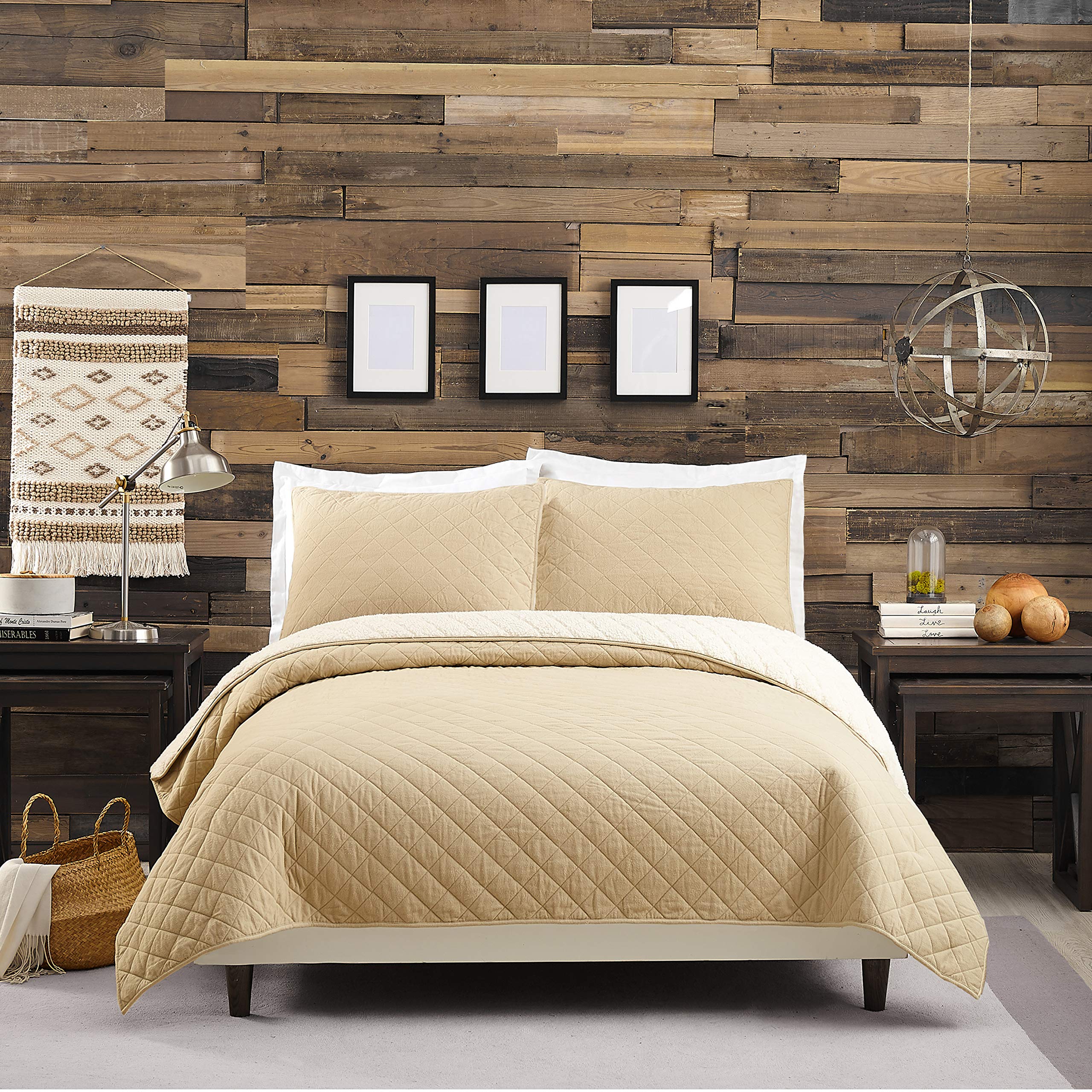 Premium Solid Flannel Sherpa Quilt Set - King Size, Soft & Warm Khaki Bedding for Winter - Cozy Home Decor, Perfect for Master Bedroom & Guest Room Comfort