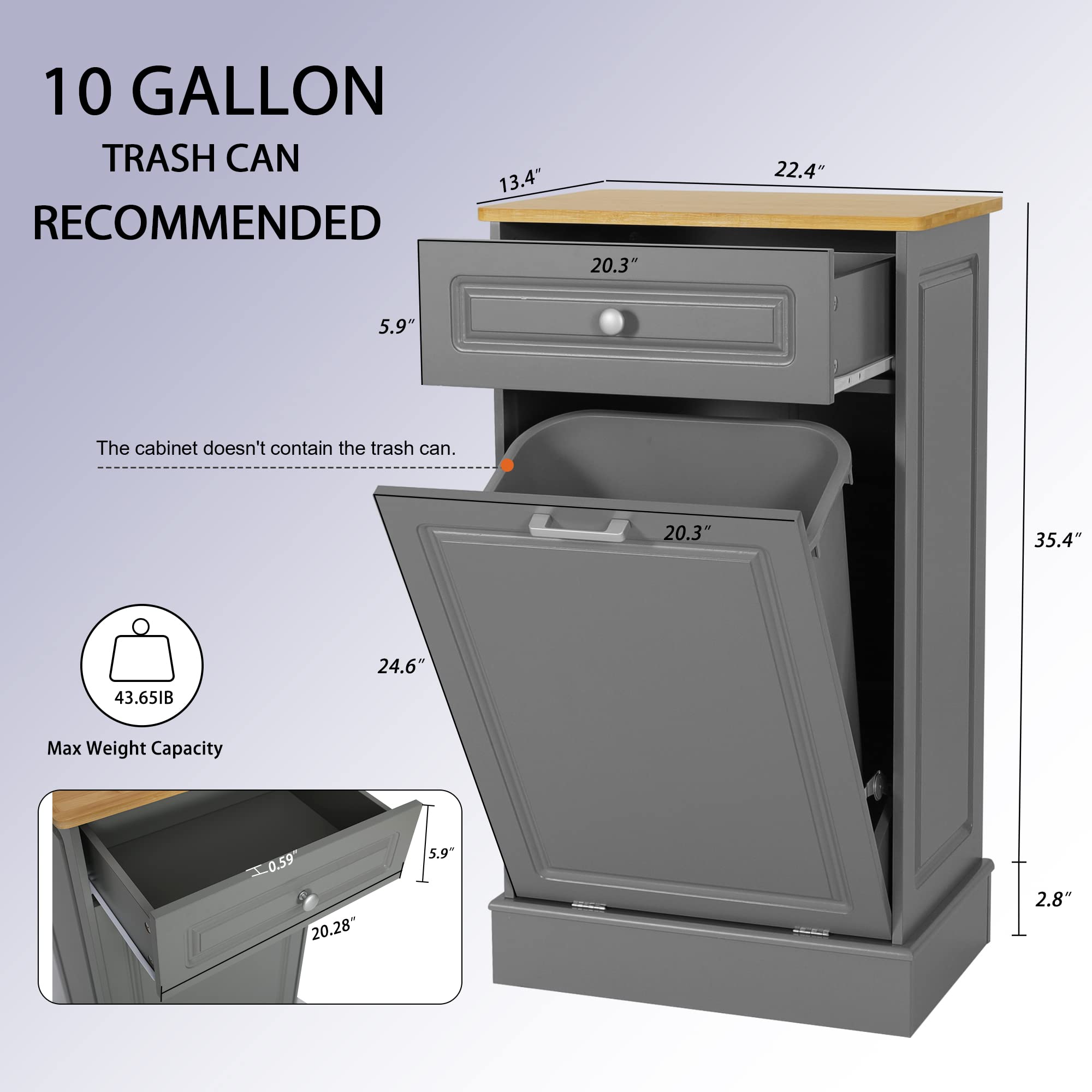 ONG Tilt Out Trash Cabinet - Free Standing Kitchen Wooden Recycling Bin with Drawer, Hideaway Trash Holder for Pantry & Laundry Room (Gray) - Perfect for Waste Sorting & Home Organization