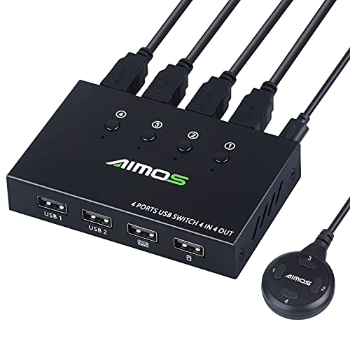 MLEEDA 4 Port USB Switch Selector - USB KVM Switcher for 4 Computers Sharing Mouse, Keyboard, Printer & Scanner - Includes Wired Remote Button & 4 USB Cables - Perfect for Home Office, Gaming & Multi-Device Workstations