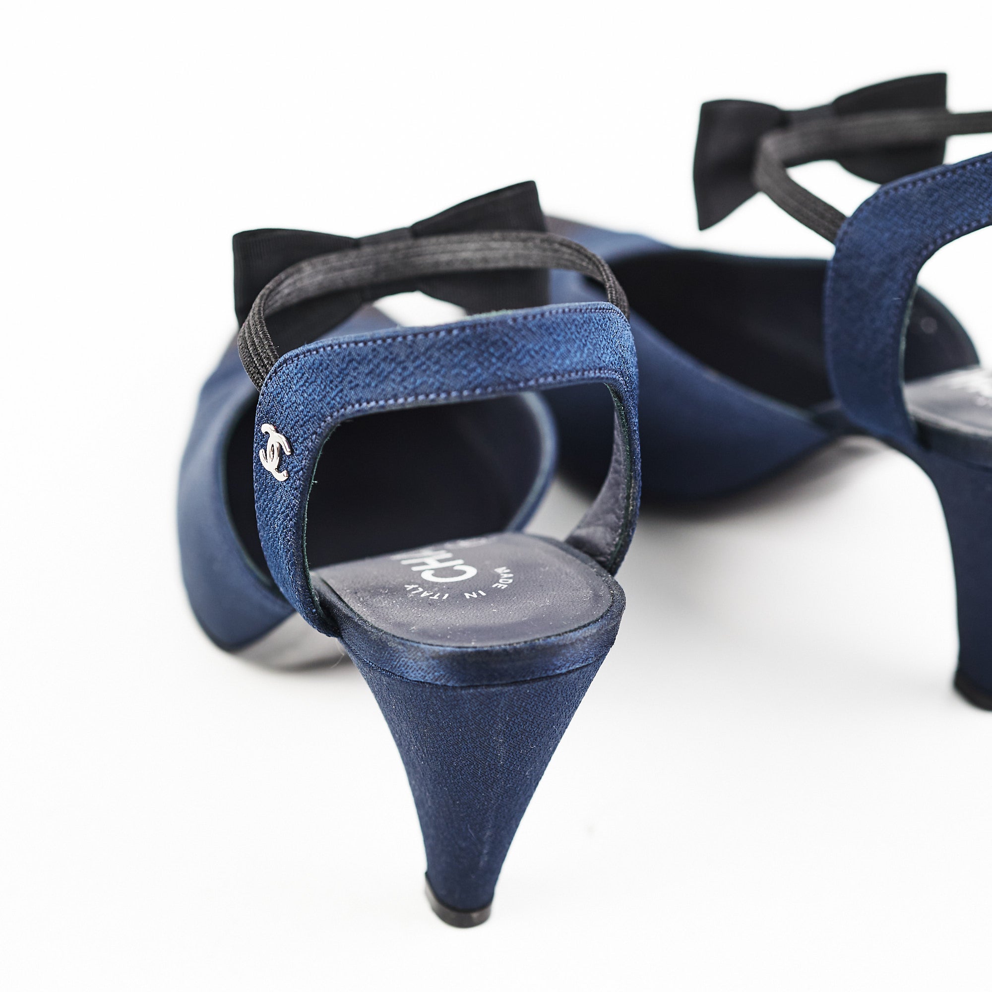 Chanel Navy Bowtie Slingback Heels - Elegant Women's Dress Shoes for Weddings, Parties & Special Occasions