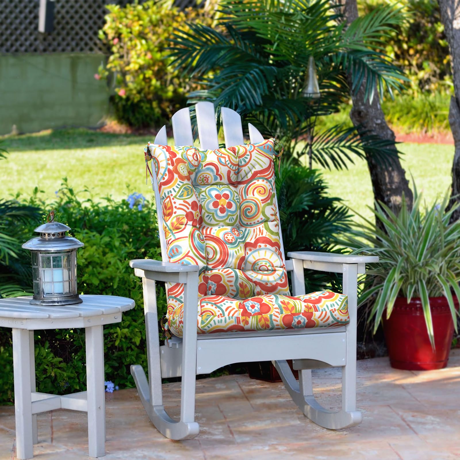 **LVTXIII Outdoor Rocking Chair Cushion Set of 2 - Fade & Water Resistant Tufted Seat Cushions with Ties - 38x17x3 Inches, Flower Red - Perfect for Patio, Garden & Porch Relaxation**