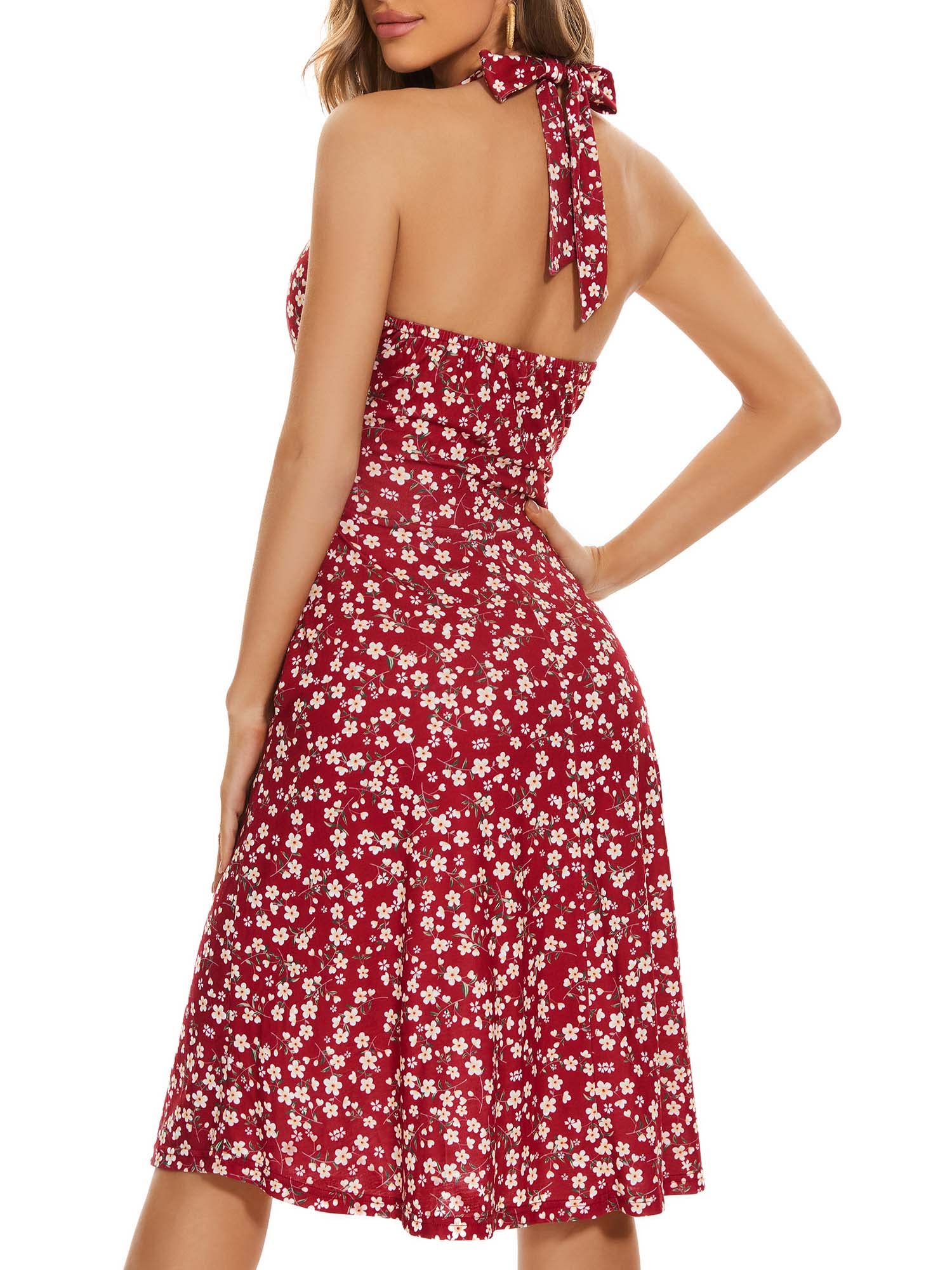 HUHOT Women's Floral Sundress - Sleeveless Halter Neck Mini Dress with Elastic Waist & Pockets | Summer Spring Casual Wear for Beach, Vacation & Date Night