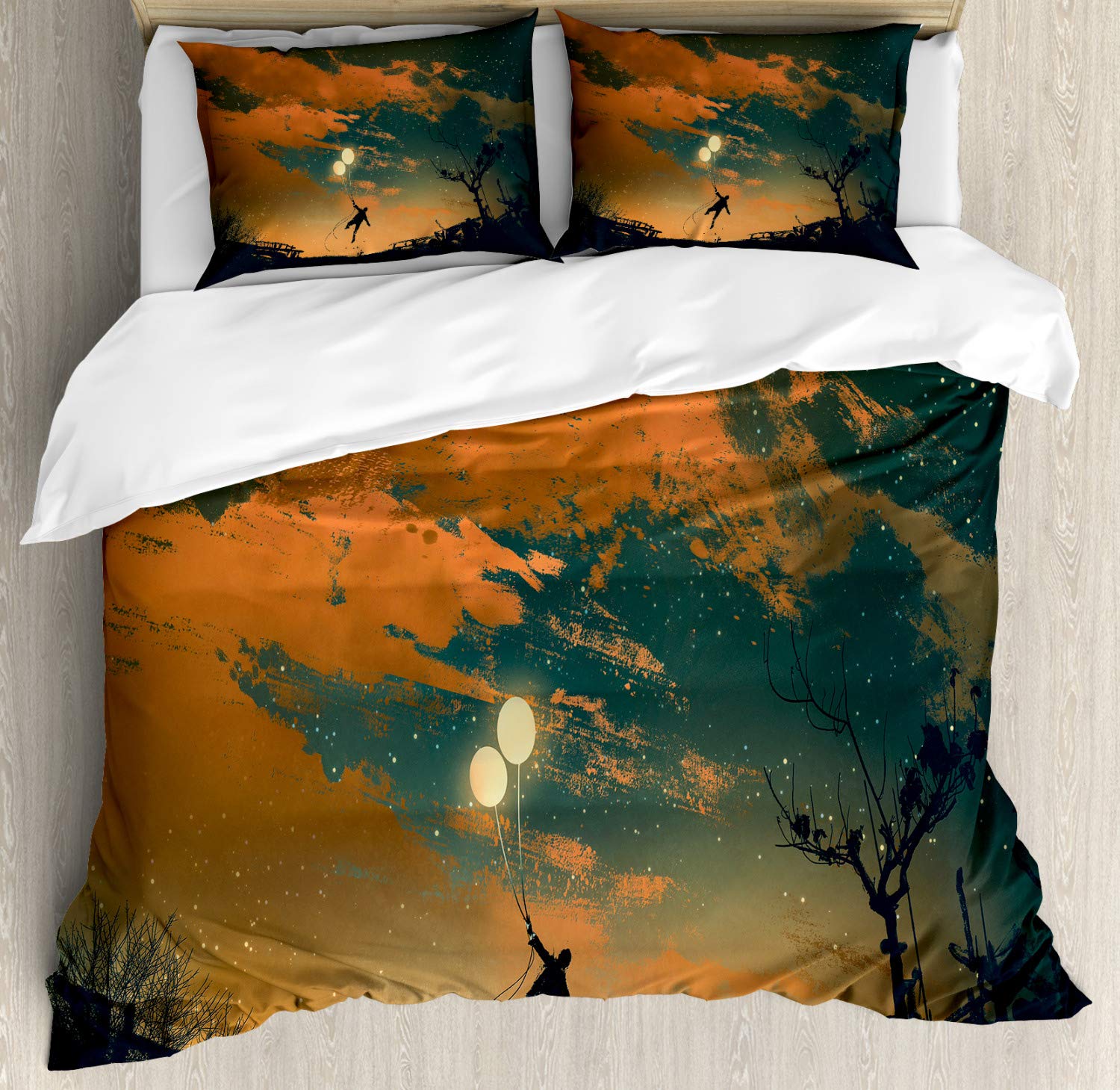 Ambesonne Fantasy Duvet Cover Set - Flying Man with Balloons in Starry Night Sky, Freedom Fun Theme 3-Piece King Size Bedding Set with 2 Pillow Shams, Orange Ash Grey | Perfect for Kids' Rooms, Dorm Decor & Whimsical Bedroom Themes