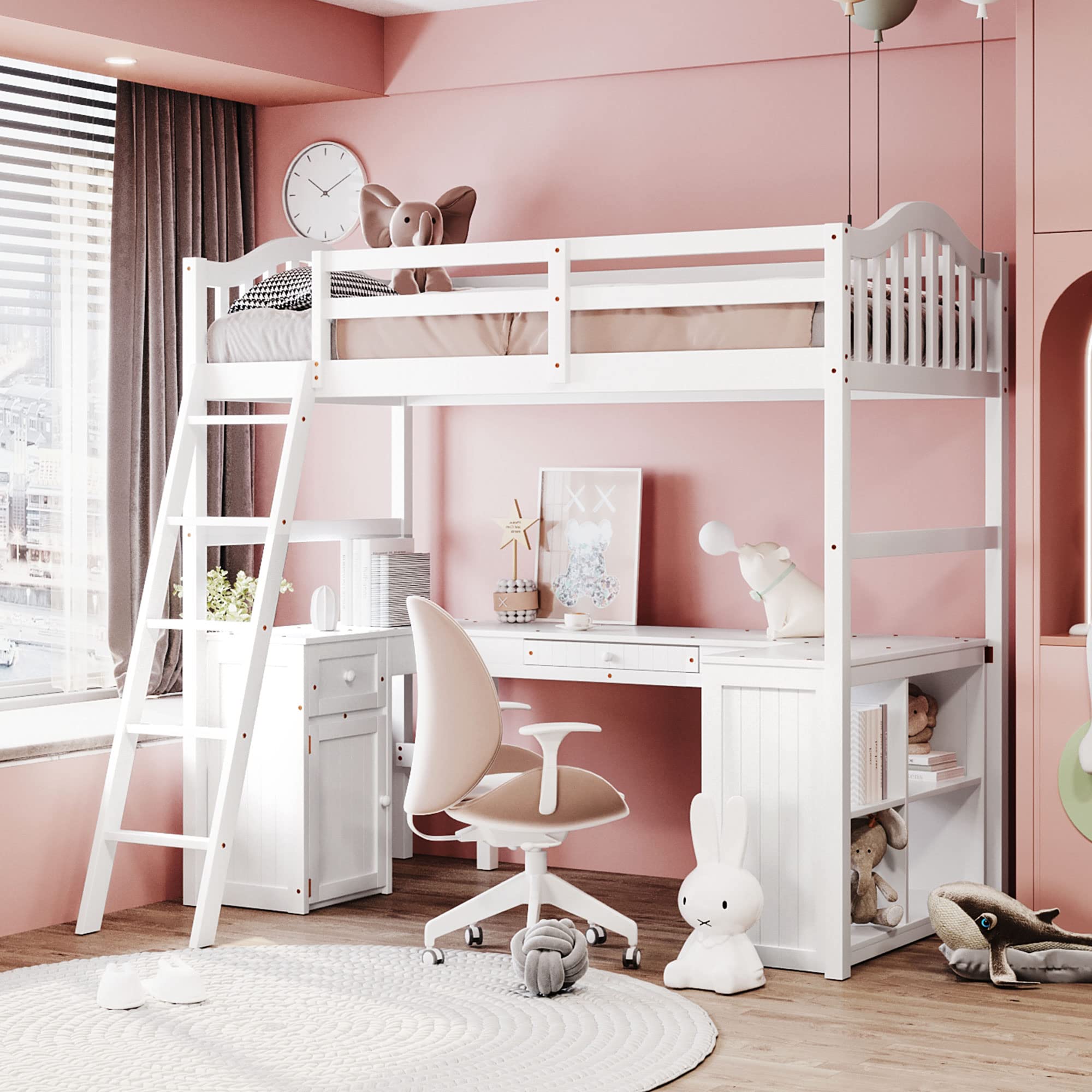 Harper & Bright Designs White Wood Twin Size Loft Bed with Drawers, Cabinet, Shelves & Desk - No Box Spring Needed - Space-Saving Kids Bedroom Furniture for Small Rooms & Dorm Living