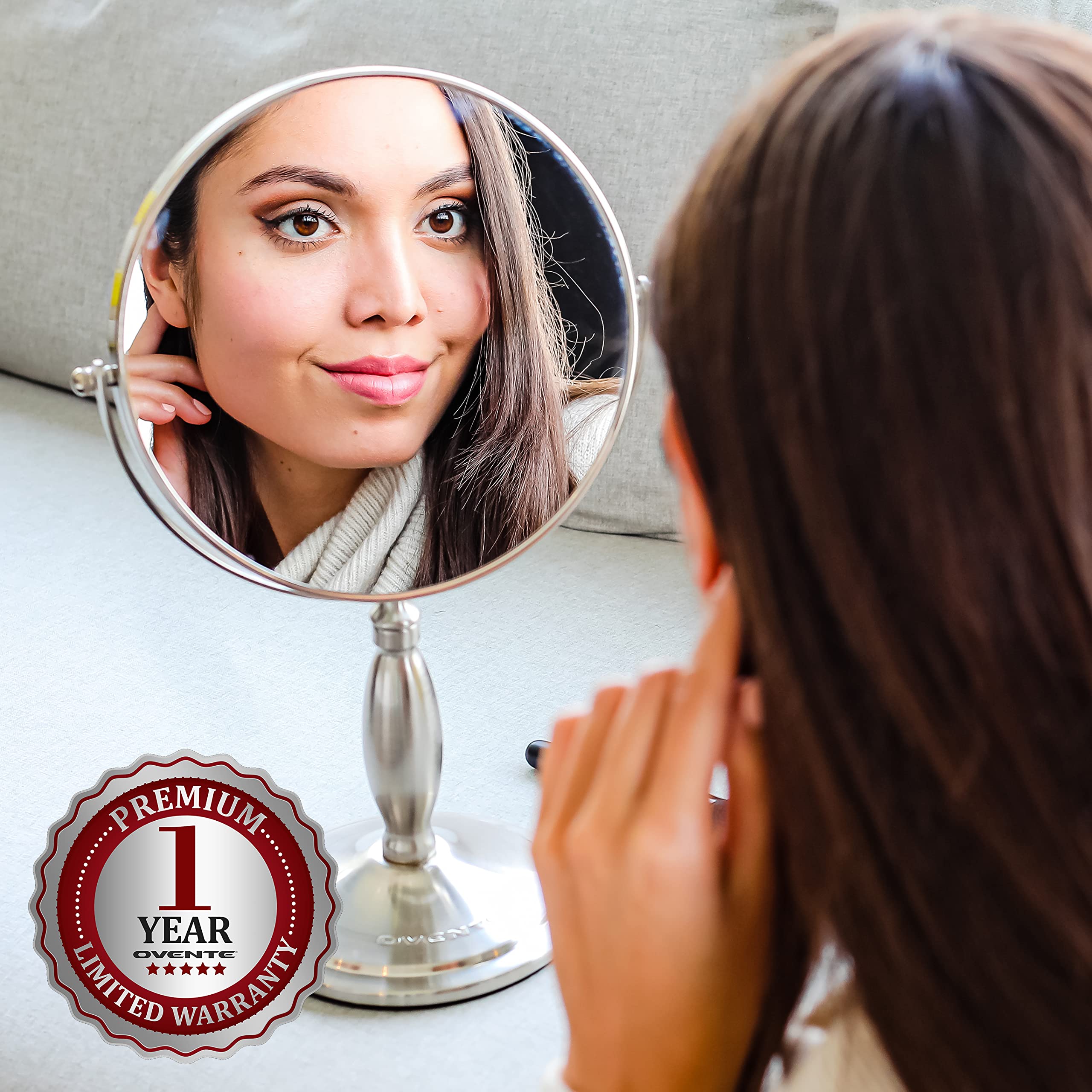 OVENTE 8-Inch Double-Sided Vanity Mirror with 1X & 7X Magnification - 360° Swivel Stand, Brushed Nickel Finish - Perfect for Makeup, Skincare, Grooming at Home, Office or Travel