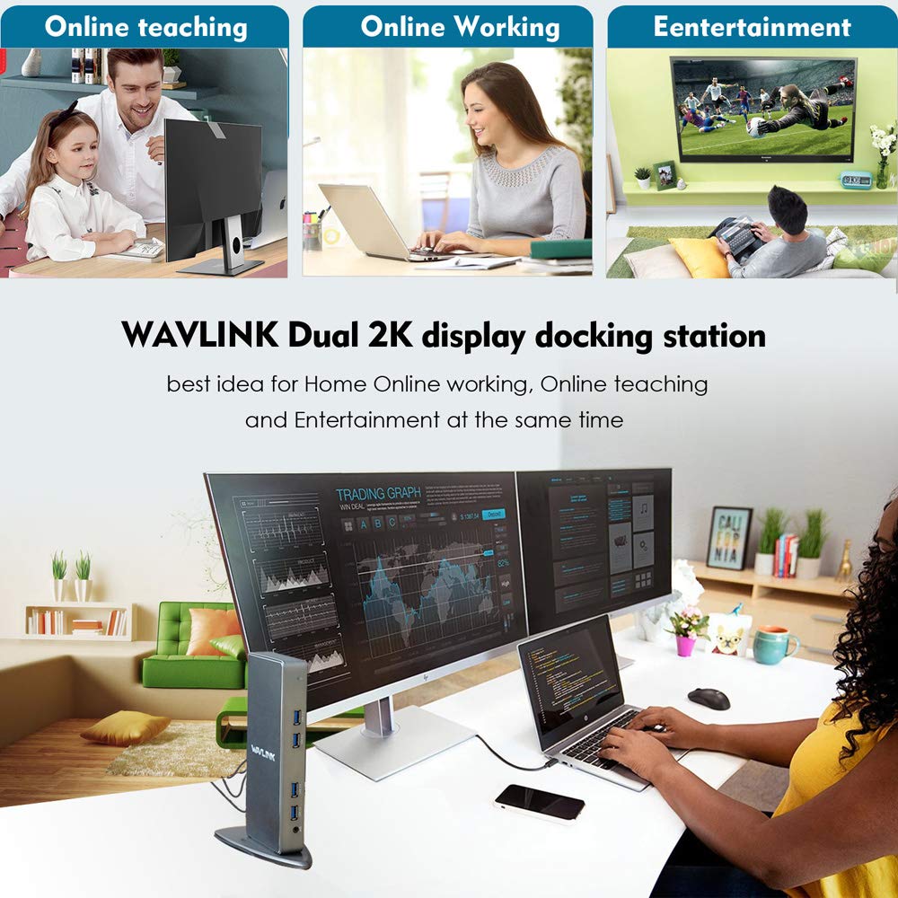 WAVLINK USB 3.0/USB C Universal Docking Station - Dual HDMI/VGA/DVI Video Outputs, 6 USB 3.0 Ports, Gigabit Ethernet - Compatible with Laptop, PC, Mac - Aluminum 1080P Dual Monitor Hub for Home Office & Remote Work