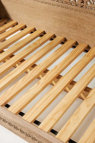 Hand Carved Canopy Style Solid Wooden Daybed - Rustic Wood Bed Frame for Patio, Porch, or Bedroom - Perfect for Outdoor Lounging & Indoor Relaxation