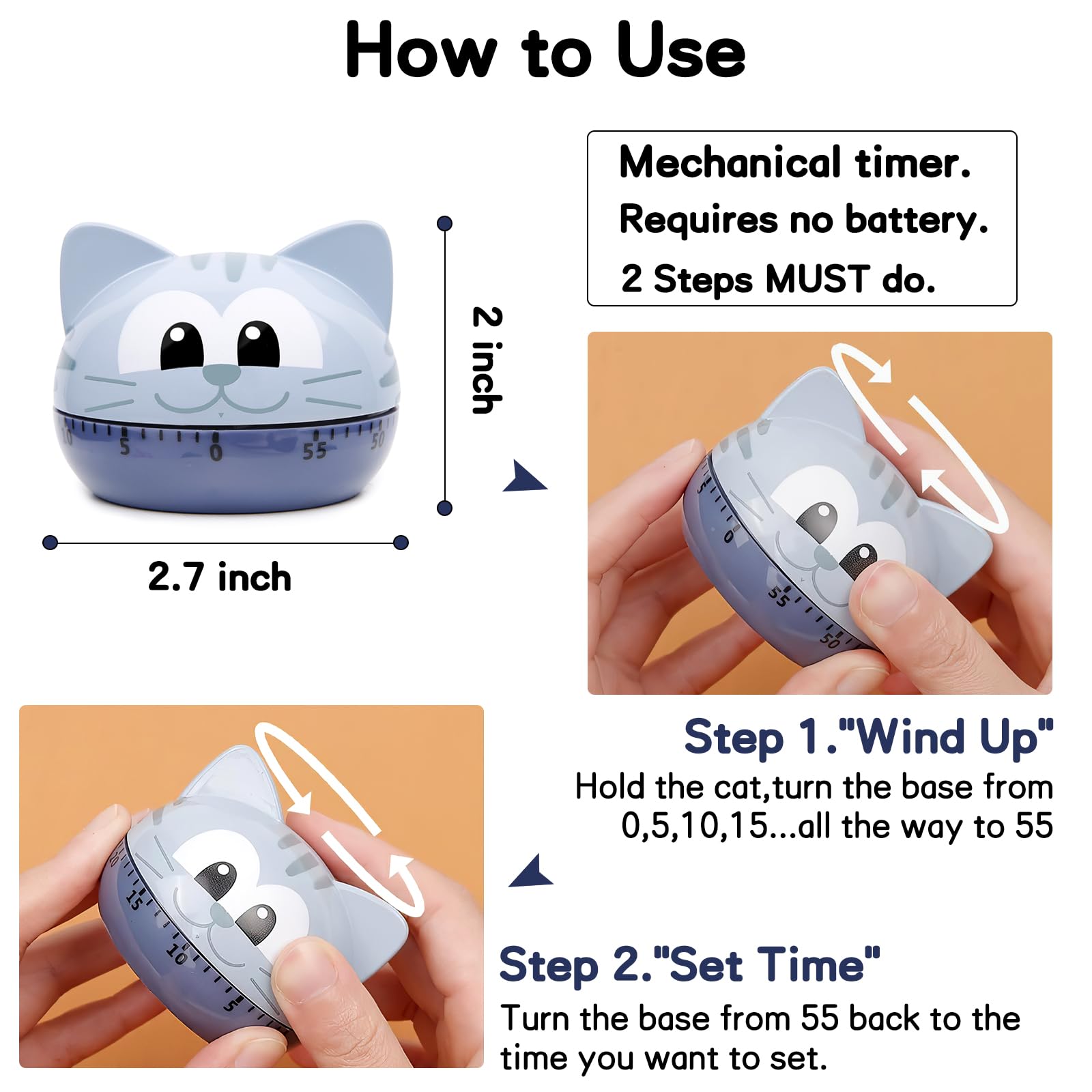 Gray Cat Mechanical Kitchen Timer for Kids - Cute & Fun Cooking Tool for Baking, Homework, and Classroom Activities