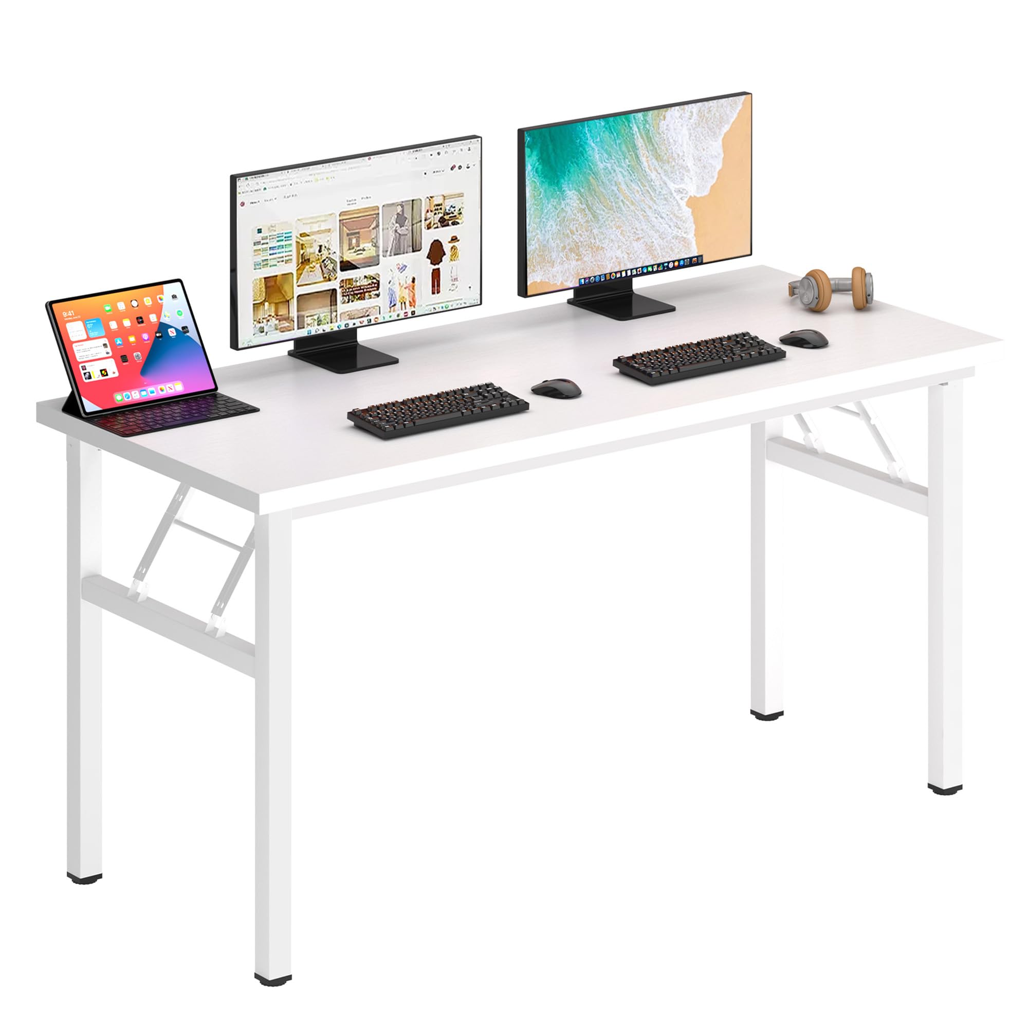 DlandHome 62 Inch Computer Desk - Sturdy Metal Frame Office Desk, Study Writing Table, No Assembly Required, White - Perfect for Home Office, Gaming & Remote Work