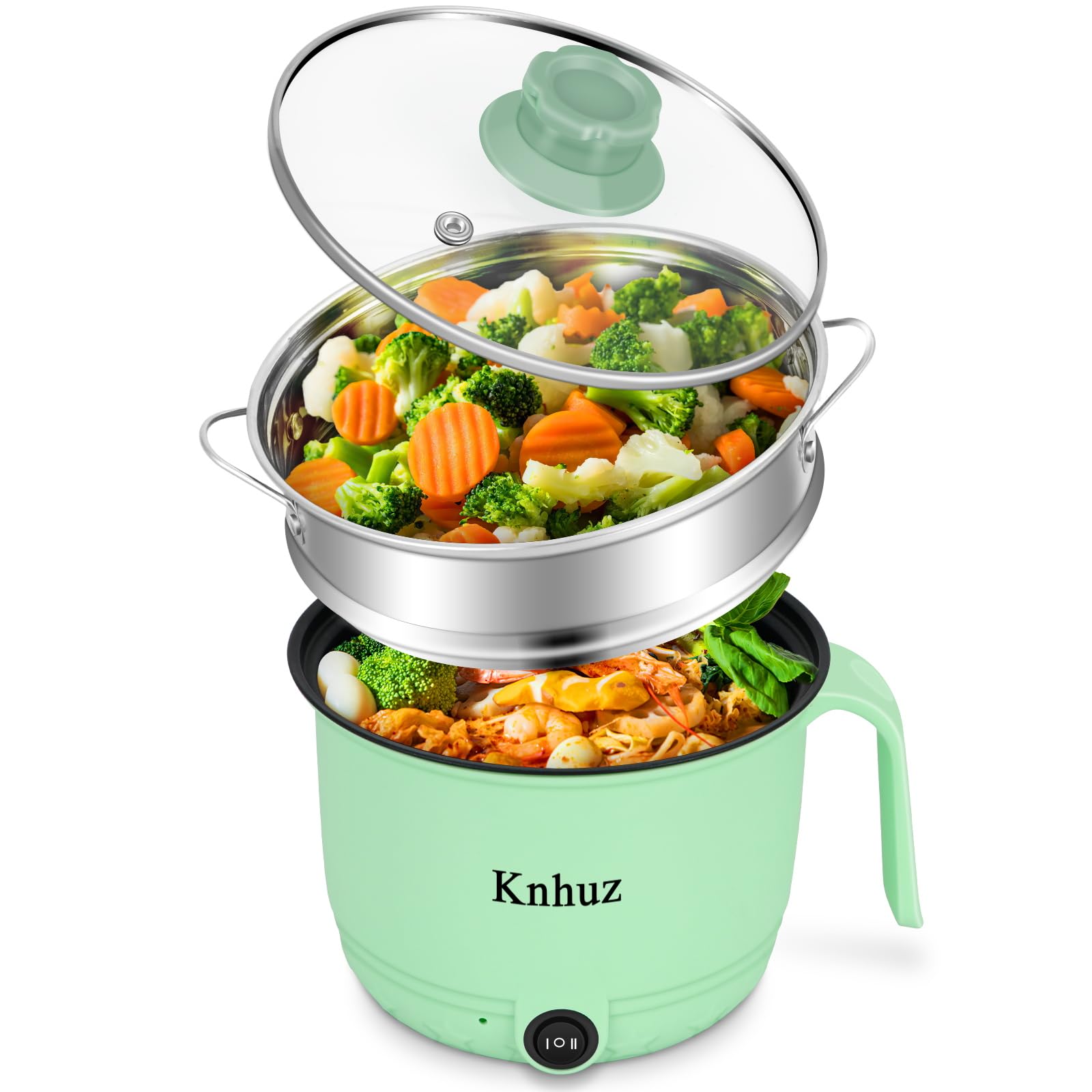1.8L Mini Electric Hot Pot with Steamer - Fast Ramen Noodle Cooker, Portable Self-Heating Pot for Cooking Noodles, Oatmeal & Pasta | Perfect for Dorm, Office & Travel | Non-Stick Green Shabu Shabu Hot Pot