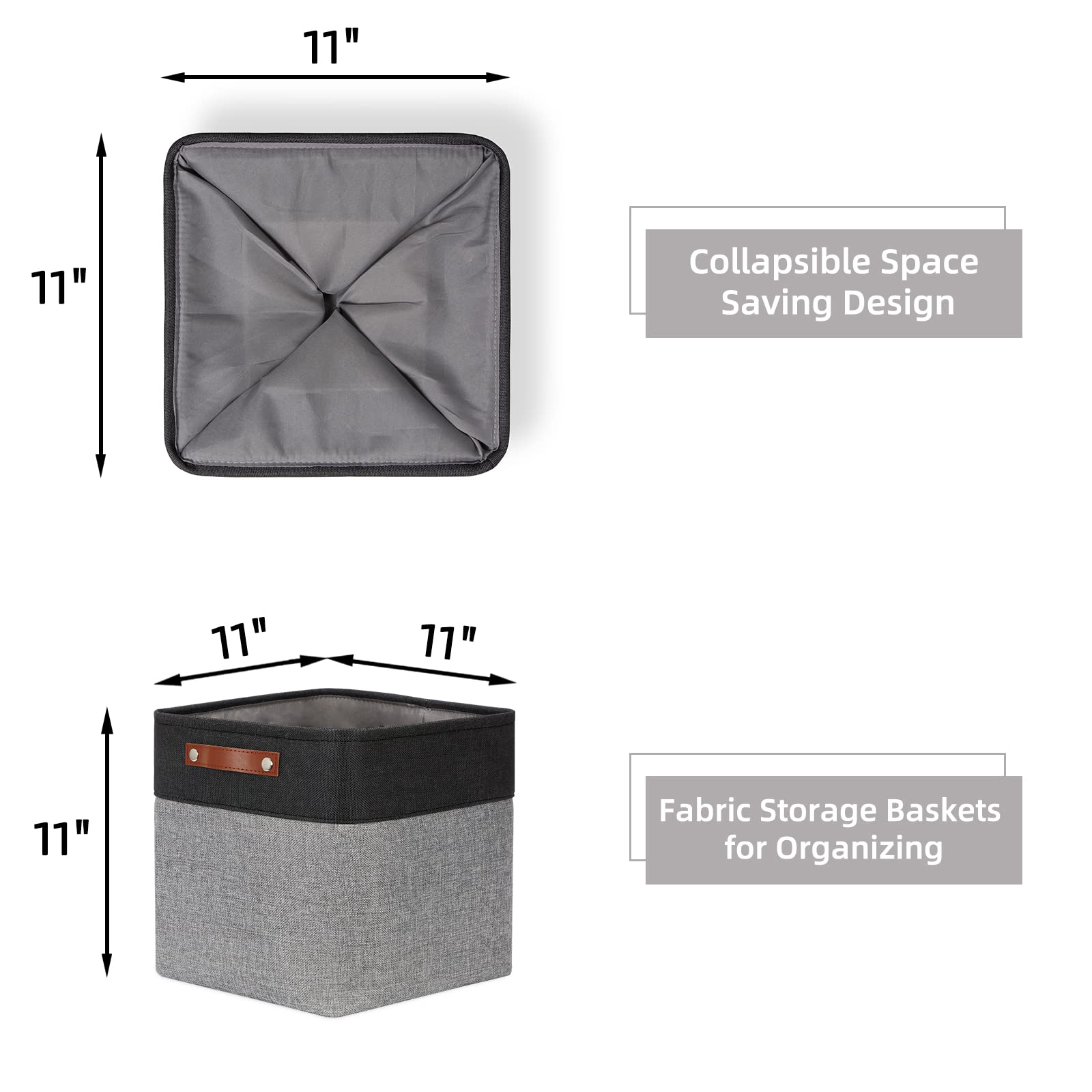 HNZIGE 11x11 Inch Fabric Cube Storage Bins - Set of 4 Foldable Organizer Baskets with Handles for Shelves, Closet, Nursery & Bedroom - Perfect for Home, Toy & Clothes Organization (Black & White)