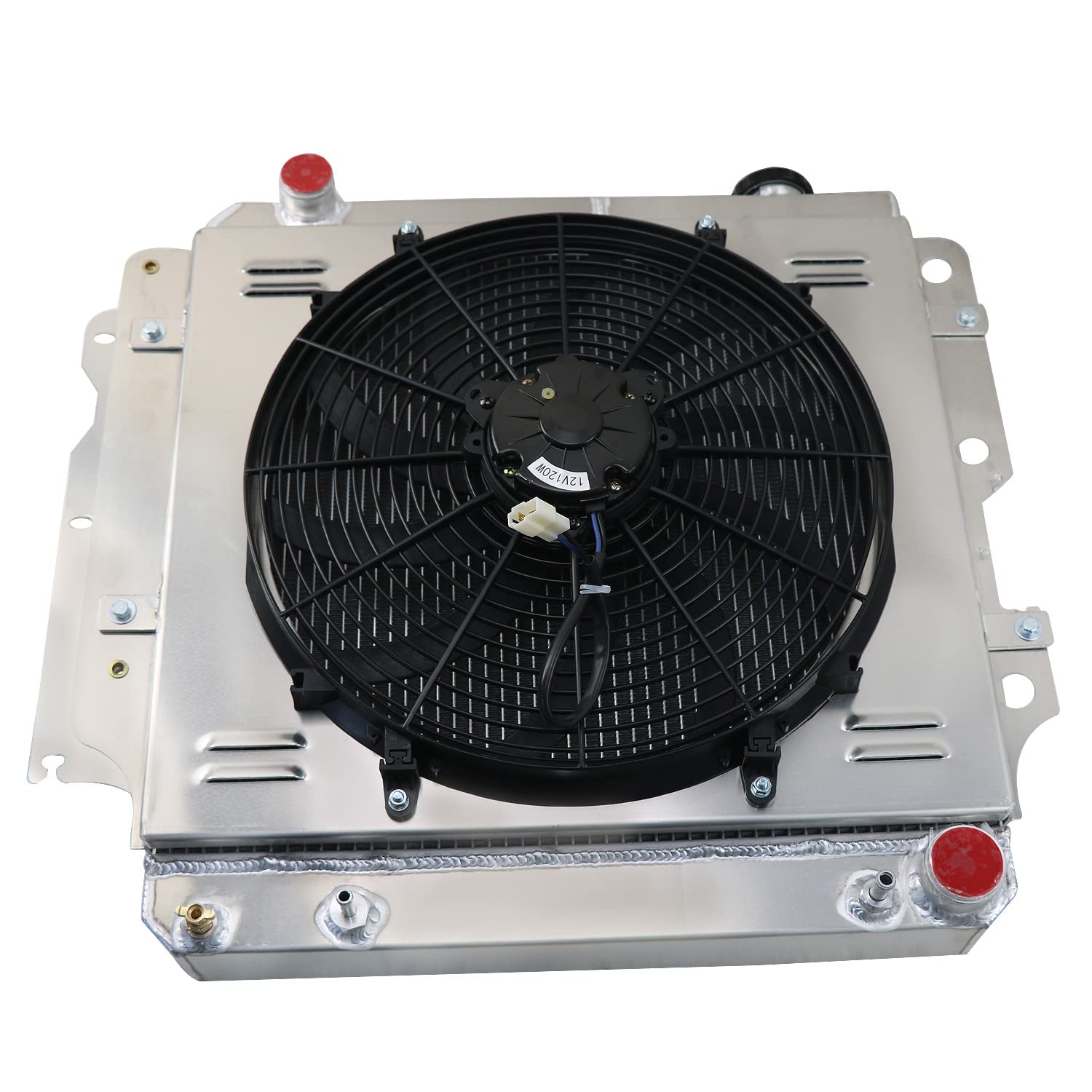 4 Row Aluminum Radiator for 1987-2006 Jeep Wrangler TJ YJ & GM Chevy V8 Conversion - High Performance Cooling with Shroud Fan & Relay Kit - Perfect for Off-Road, Towing & Hot Weather Driving