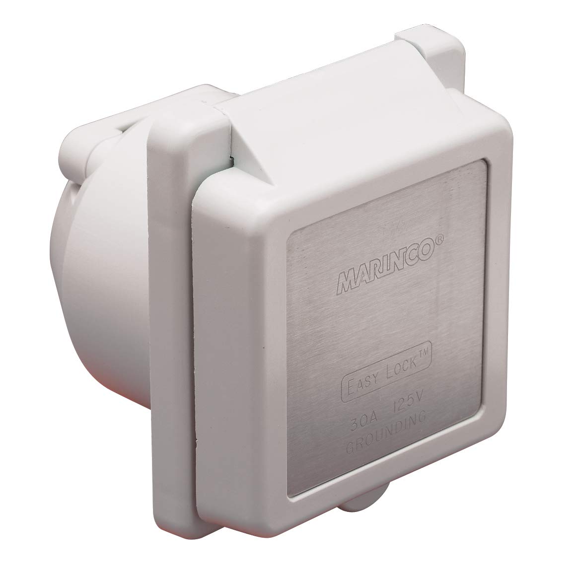 Marinco 30 Amp 125V Power Inlet - White Square Marine Grade with Stainless Steel Cover - Perfect for Boats, RVs & Outdoor Electrical Hookups