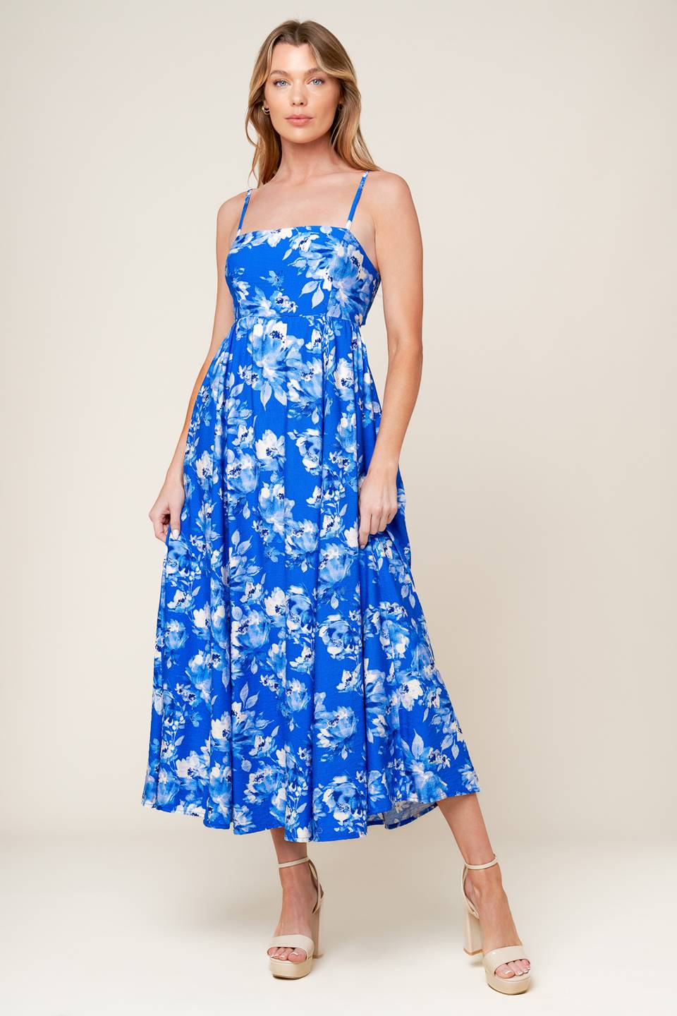 English Garden Midi Dress in Blue - Floral Summer Dress for Women, Perfect for Garden Parties & Outdoor Events