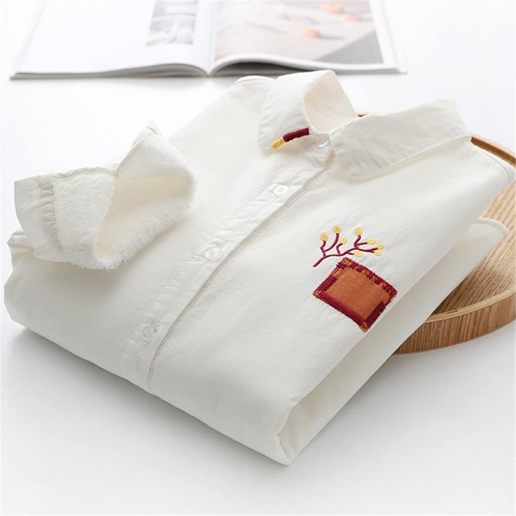 YCZDG Women's Literary Embroidery Velvet White Shirt - Long Sleeve Loose Blouse for Autumn Winter - Warm Casual Top (White, Size M) | Perfect for Office Wear, Date Nights & Holiday Outfits