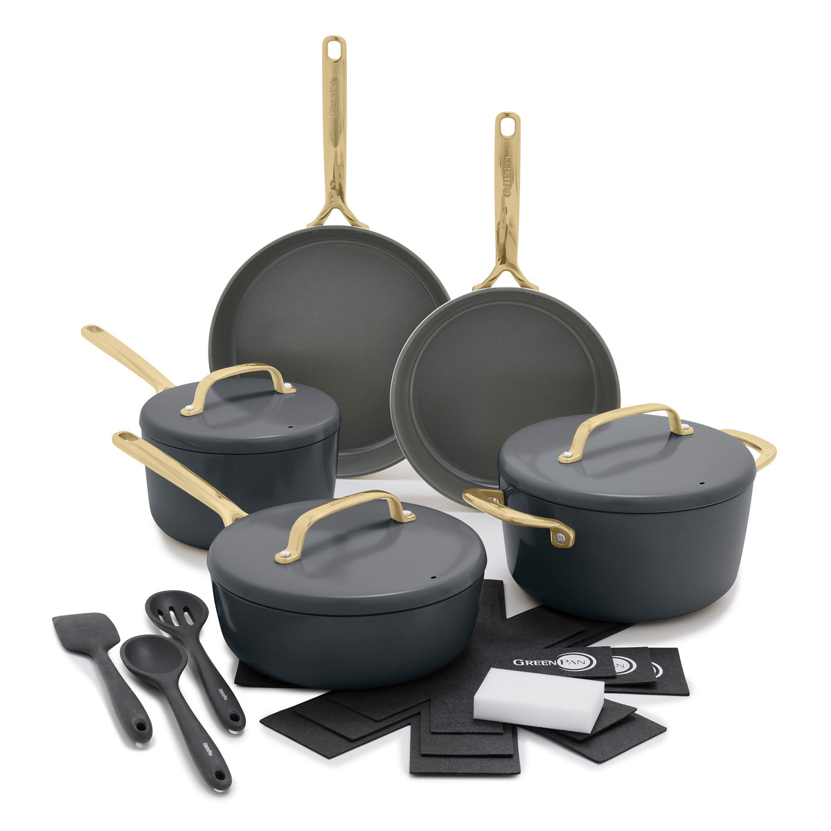 GP5 Colors Ceramic Nonstick 11-Piece Cookware Set with Champagne Handles | Slate | Perfect for Everyday Cooking, Baking & Serving