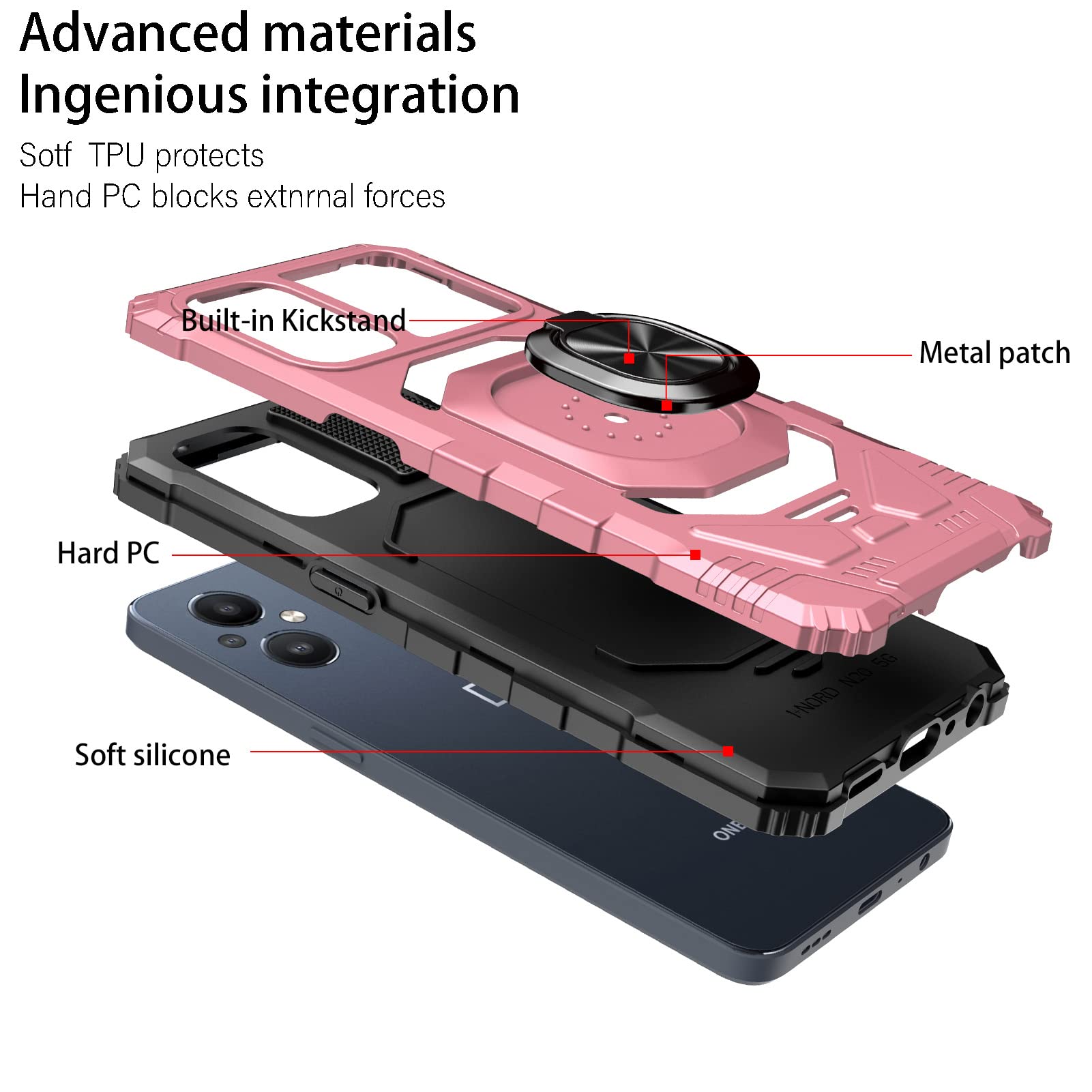 Ailiber OnePlus Nord N20 5G Case with Screen Protector & Magnetic Ring Kickstand - Heavy Duty Shockproof Protective Phone Cover for OnePlus Nord N20 5G (Rose Gold) - Perfect for Car Mounting, Outdoor Activities & Daily Use