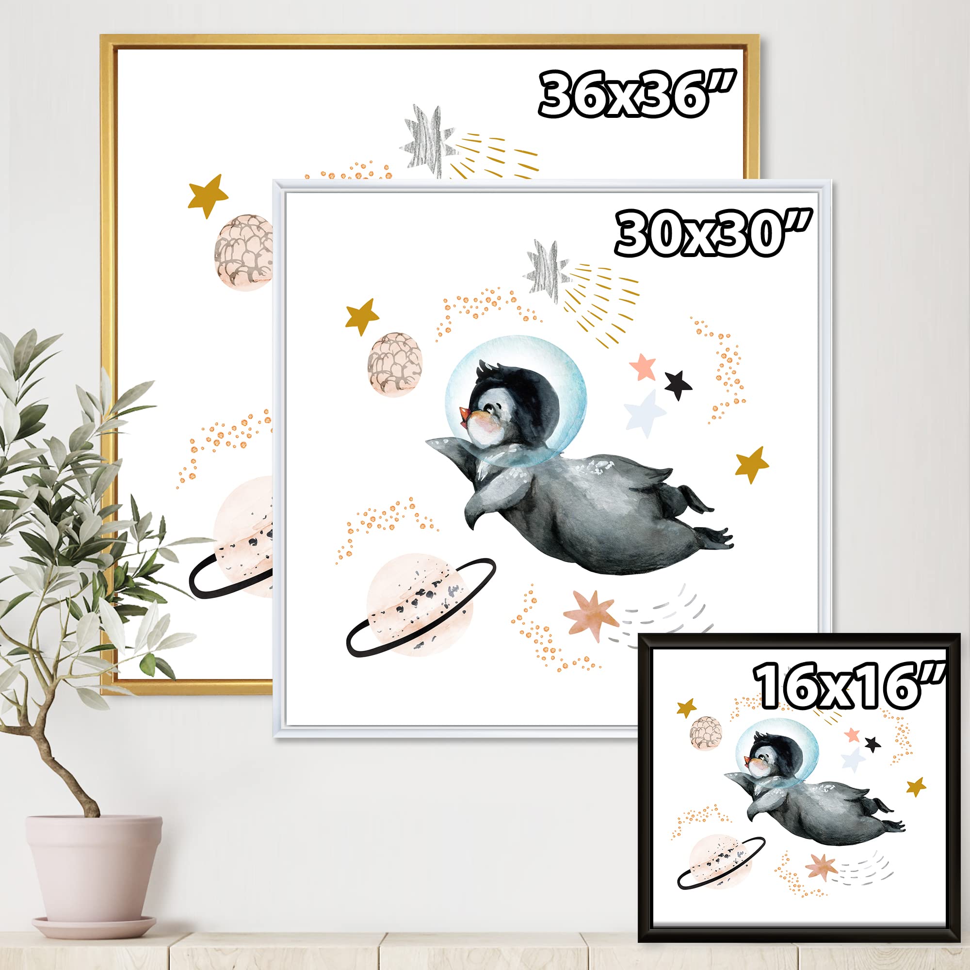 DesignQ Little Penguin Flying Stars and Planets II - Farmhouse Framed Canvas Wall Art Print - Nursery Decor, Kids Room Wall Art, Living Room Decoration