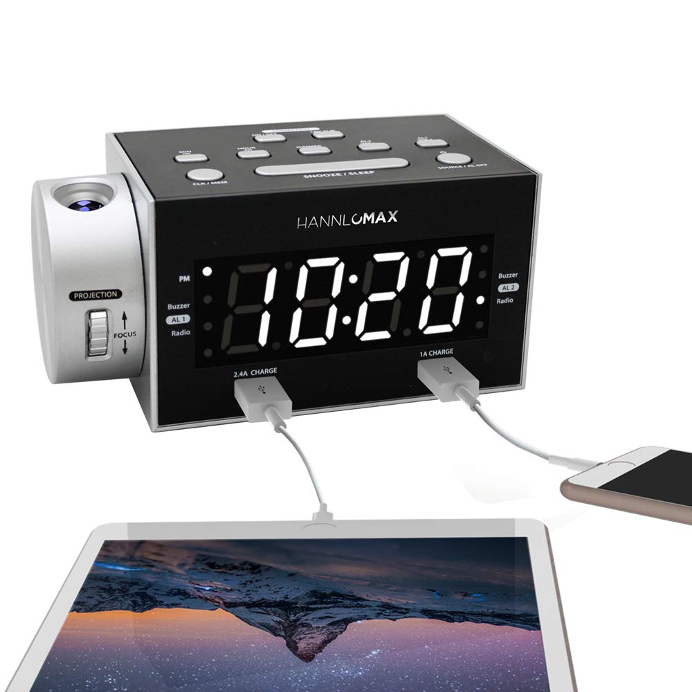 HANNLOMAX HX-135CR Digital Alarm Clock Radio with Projection | FM Radio with PLL Technology | Dual Alarm & USB Charging Ports (2.4A+1A) | White LED Display | AC/DC Power | Perfect for Bedroom, Office & Travel