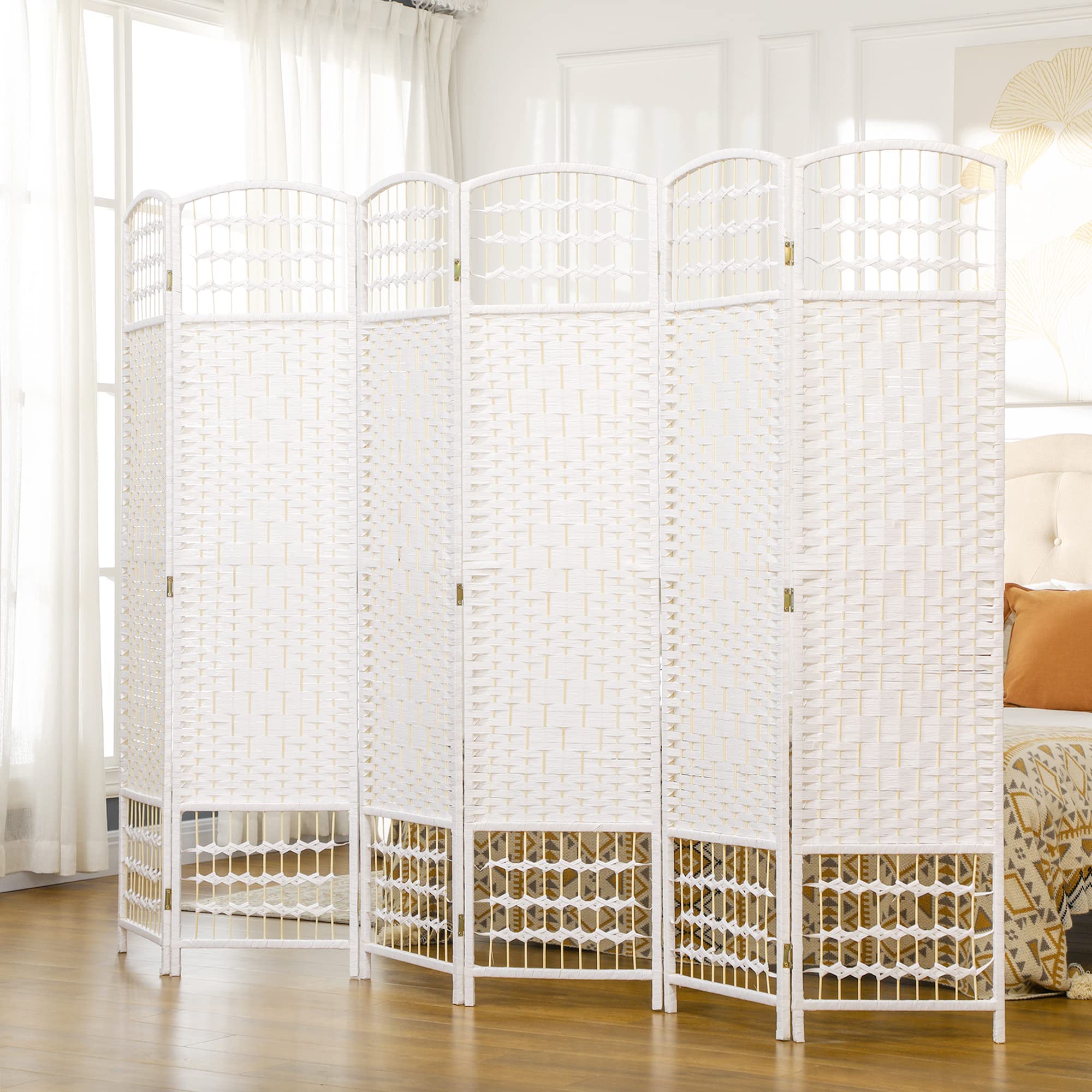 HOMCOM 6 Panel Folding Room Divider - 5.6 ft Freestanding Privacy Screen Partition for Home Office, Bedroom & Studio - Wave Fiber White Room Separator for Indoor Spaces & Events