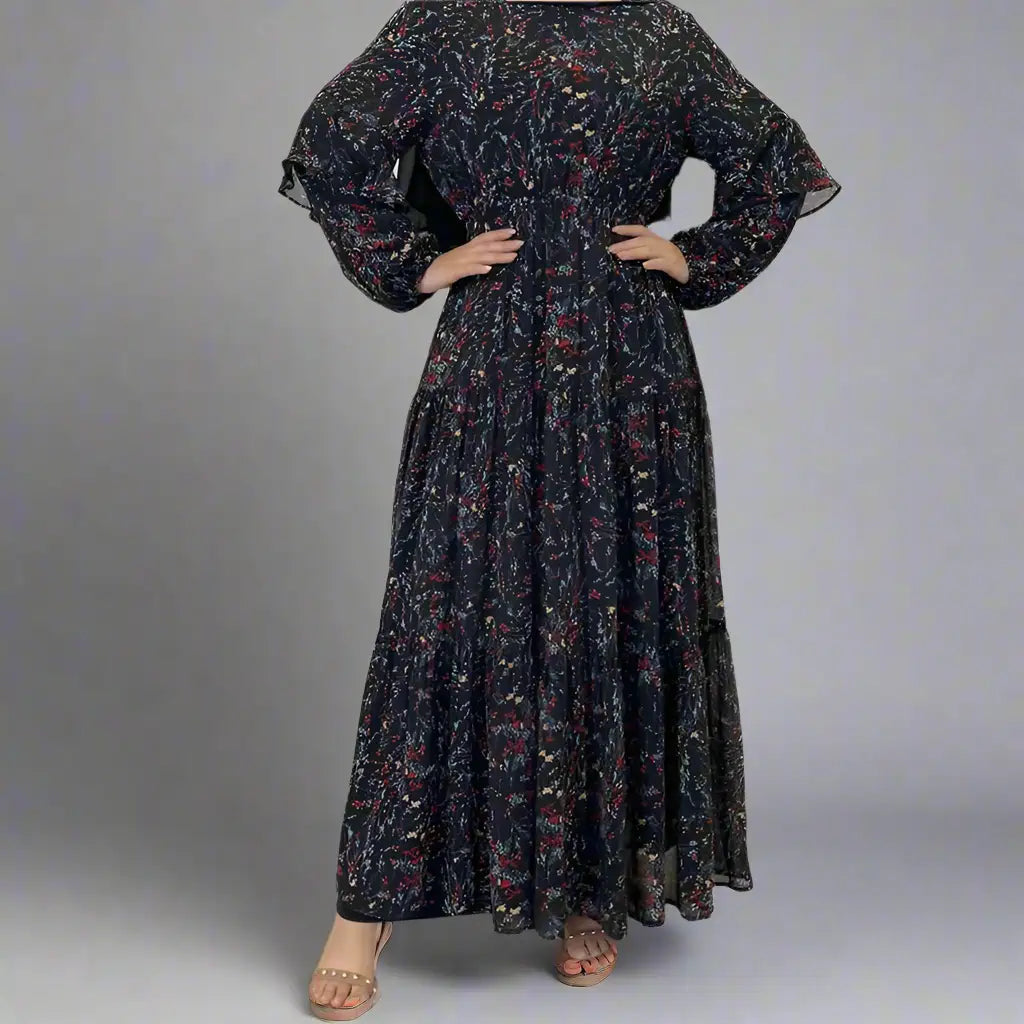 Elegant Muslim Women's Chiffon Abaya Dress with Floral Print - Perfect for Prayer, Eid Celebrations & Modest Fashion
