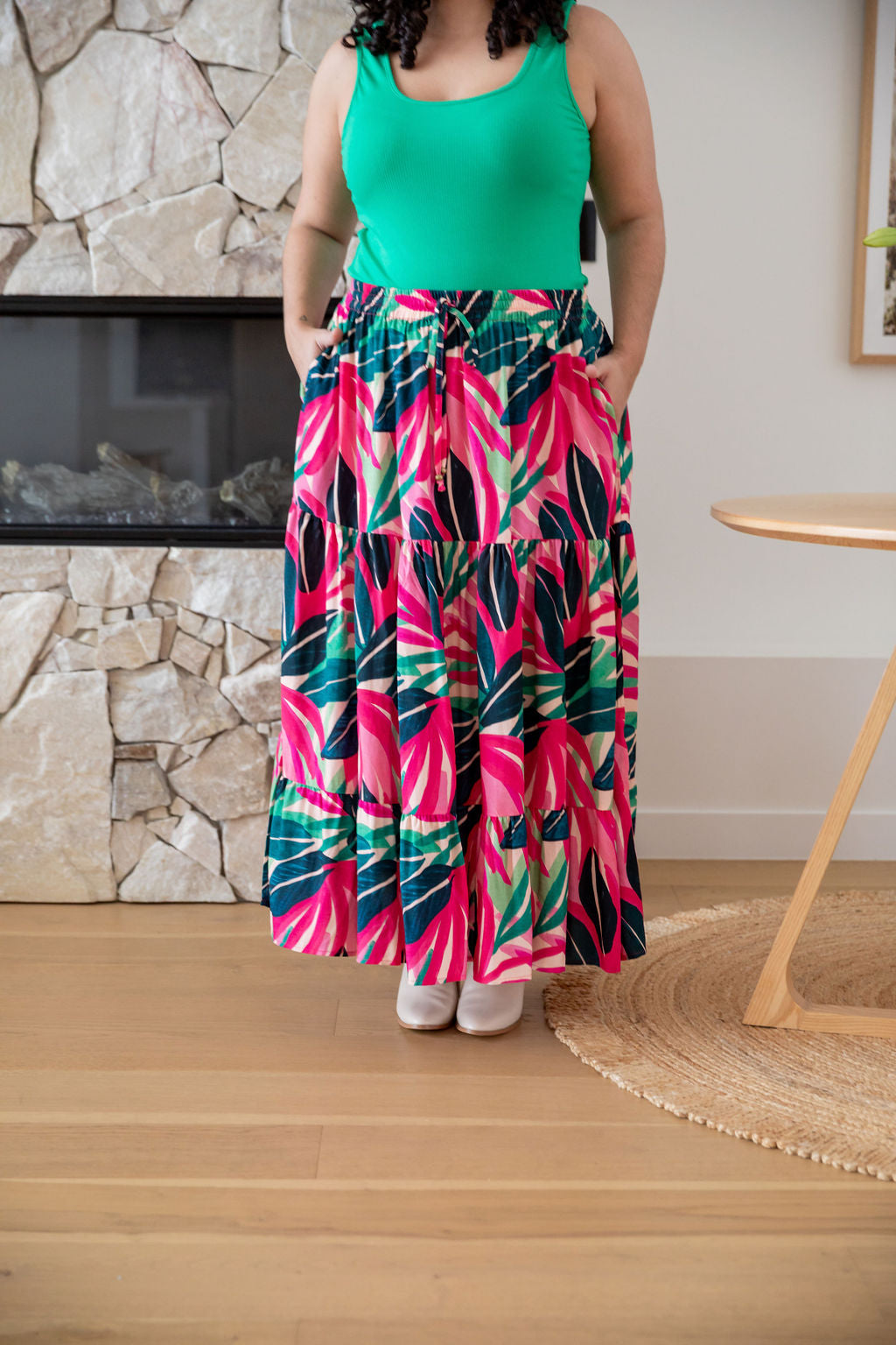 Carrie Skirt in Jungle Pink - Women's Floral A-Line Midi Skirt with Pockets | Perfect for Spring Outfits, Office Wear & Casual Dates